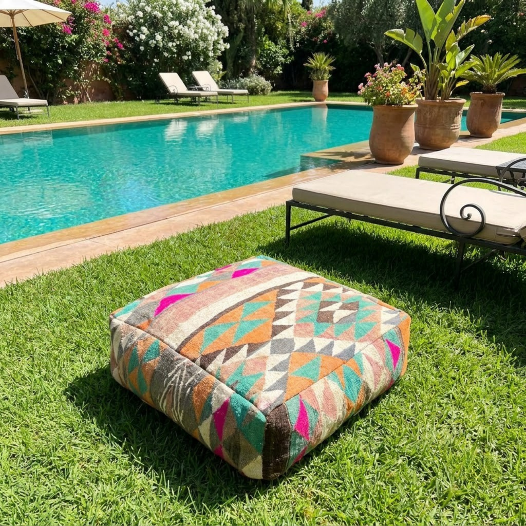 Multicolor Harlequin Kilim Berber Floor Pouf 60x60x20 cm – Authentic Handmade Moroccan Cube Cushion with Geometric Triangle Mosaic