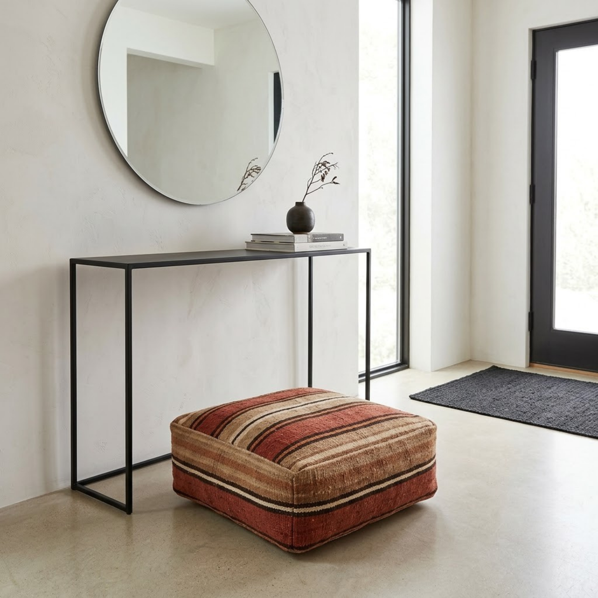 Earth Tone Striped Kilim Berber Floor Pouf 60x60x20 cm – Handmade Moroccan Square Terracotta and Beige Cushion