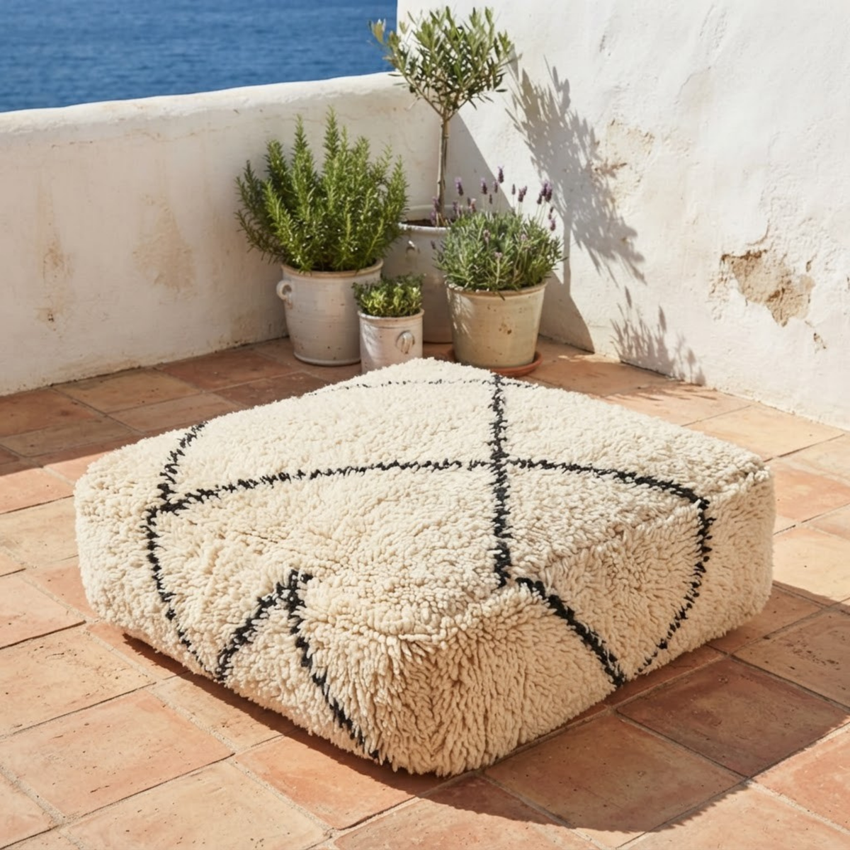 Beni Ourain Berber Floor Pouf 60x60x20 cm – Authentic Handmade Moroccan Shaggy Wool Cushion in Cream and Charcoal Black