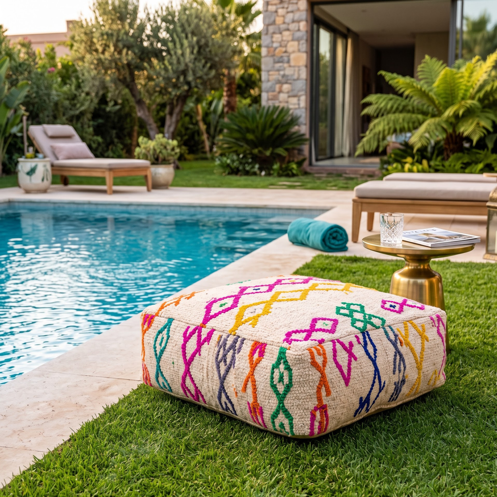 Multicolor Azilal Berber Floor Pouf 60x60x20 cm – Authentic Handmade Moroccan Off-White Wool Ottoman