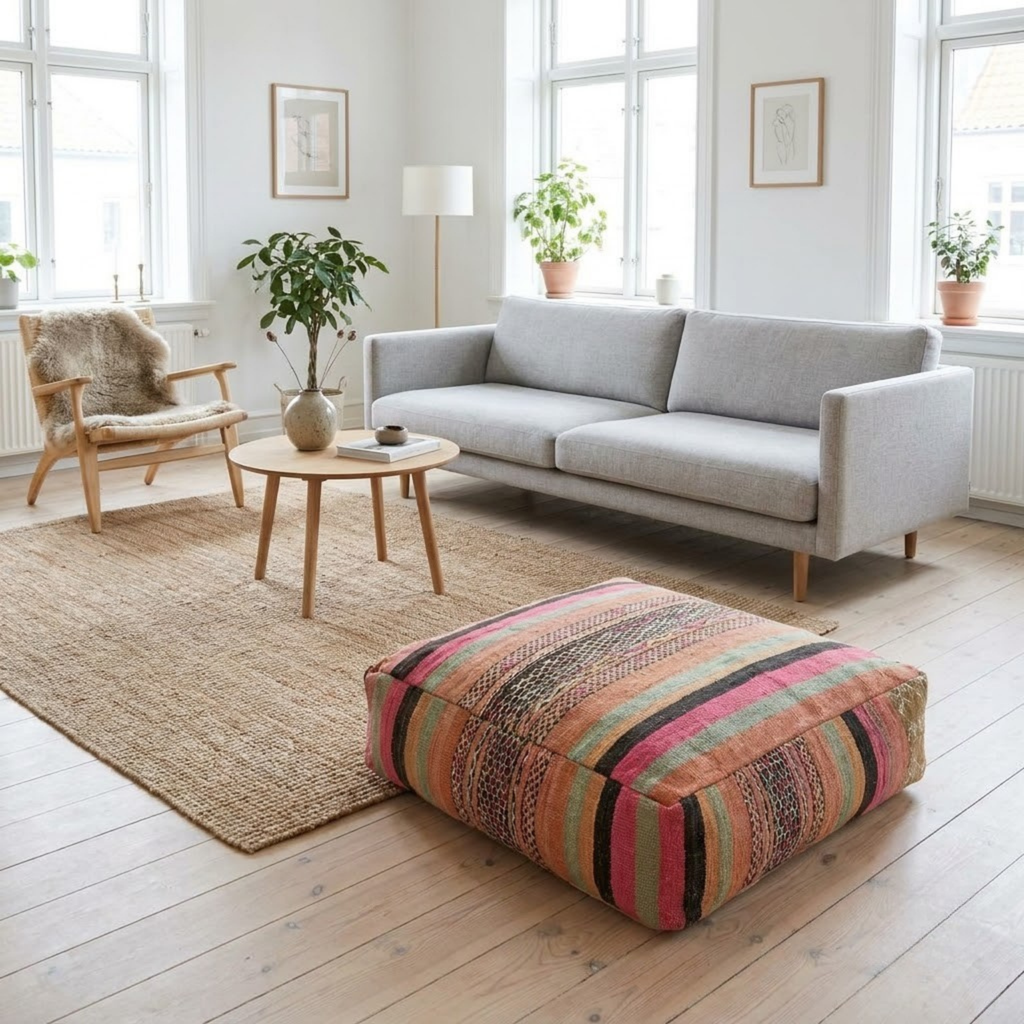 Pastel Sunset Kilim Berber Floor Pouf 60x60x20 cm – Handmade Moroccan Square Cushion with Pink, Mint, and Peach Stripes