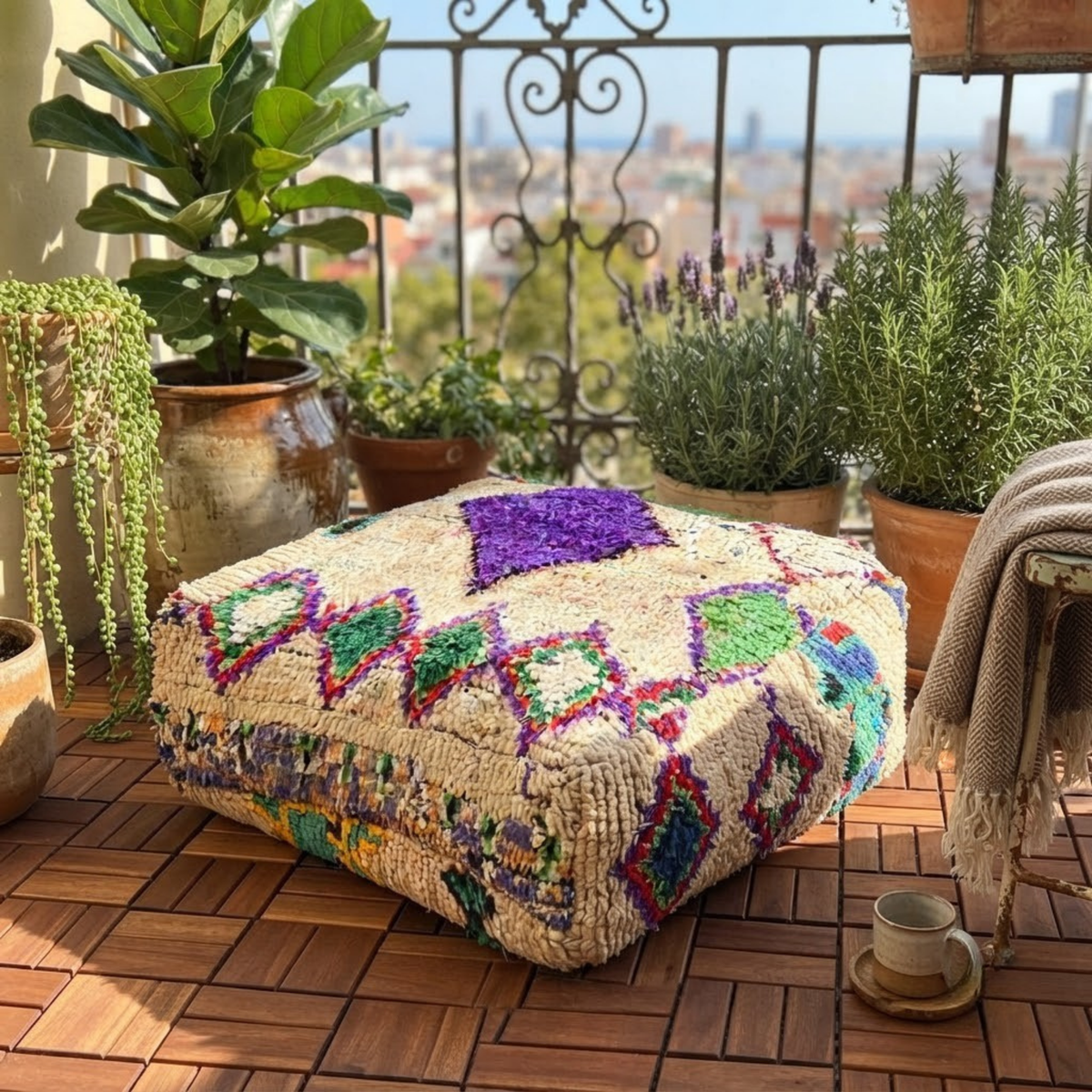 Vintage Shaggy Boujad Berber Floor Pouf 60x60x20 cm – Authentic Handmade Moroccan High-Pile Wool Cushion with Purple Diamond