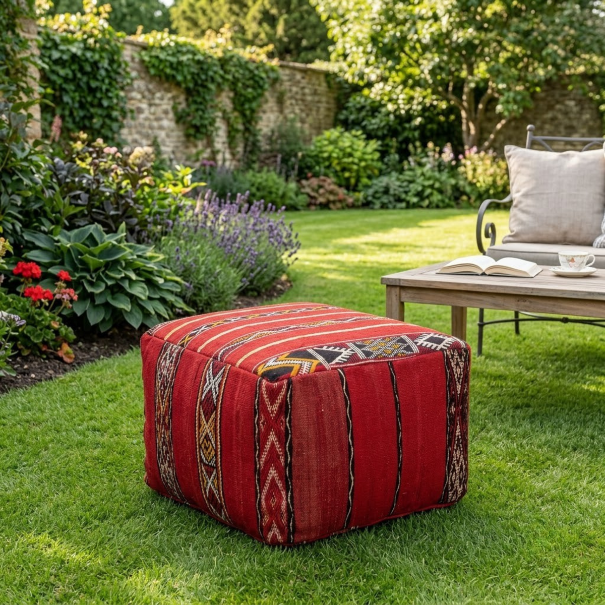 Ruby Red Kilim Berber Floor Pouf 45x45 cm – Authentic Handmade Moroccan Cube Ottoman with Tribal Geometric Bands