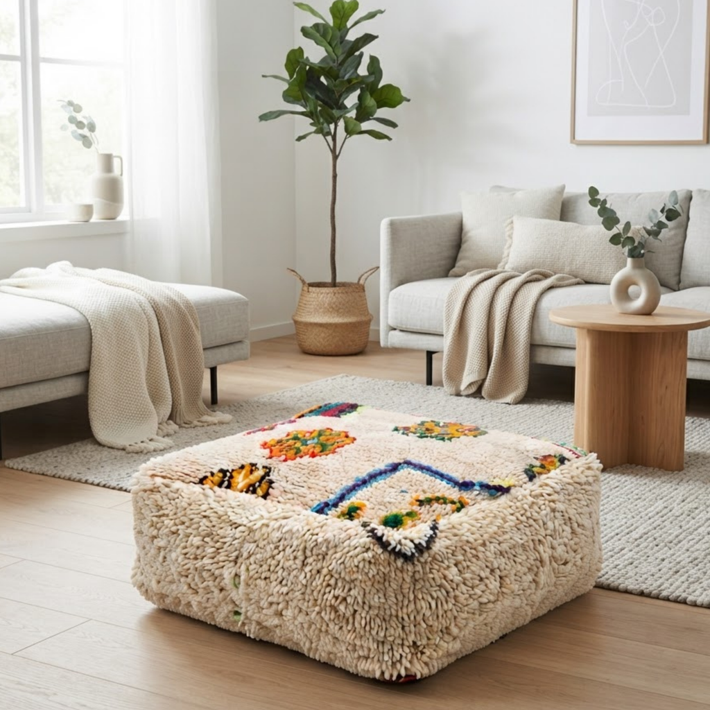 Multicolor Azilal Berber Floor Pouf 60x60x20 cm – Authentic Handmade Moroccan Cream Wool Cushion with High-Pile Shaggy Sides