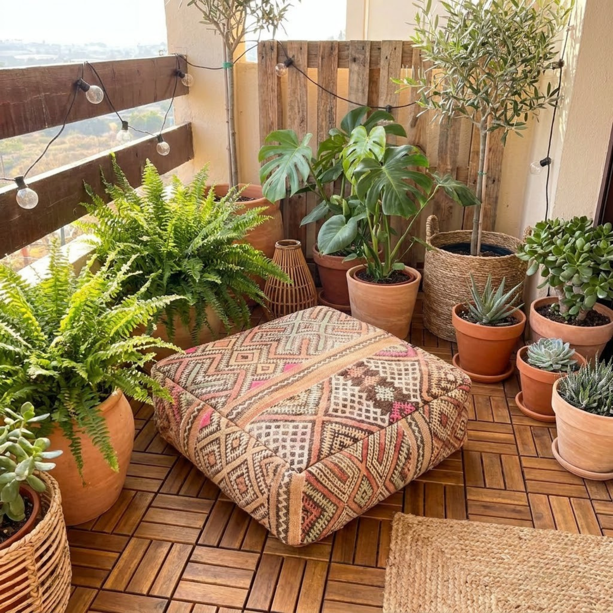 Vintage Sand Kilim Berber Floor Pouf 60x60x20 cm – Handmade Moroccan Square Cushion with Tribal Lattice Mosaic and Pastel Accents