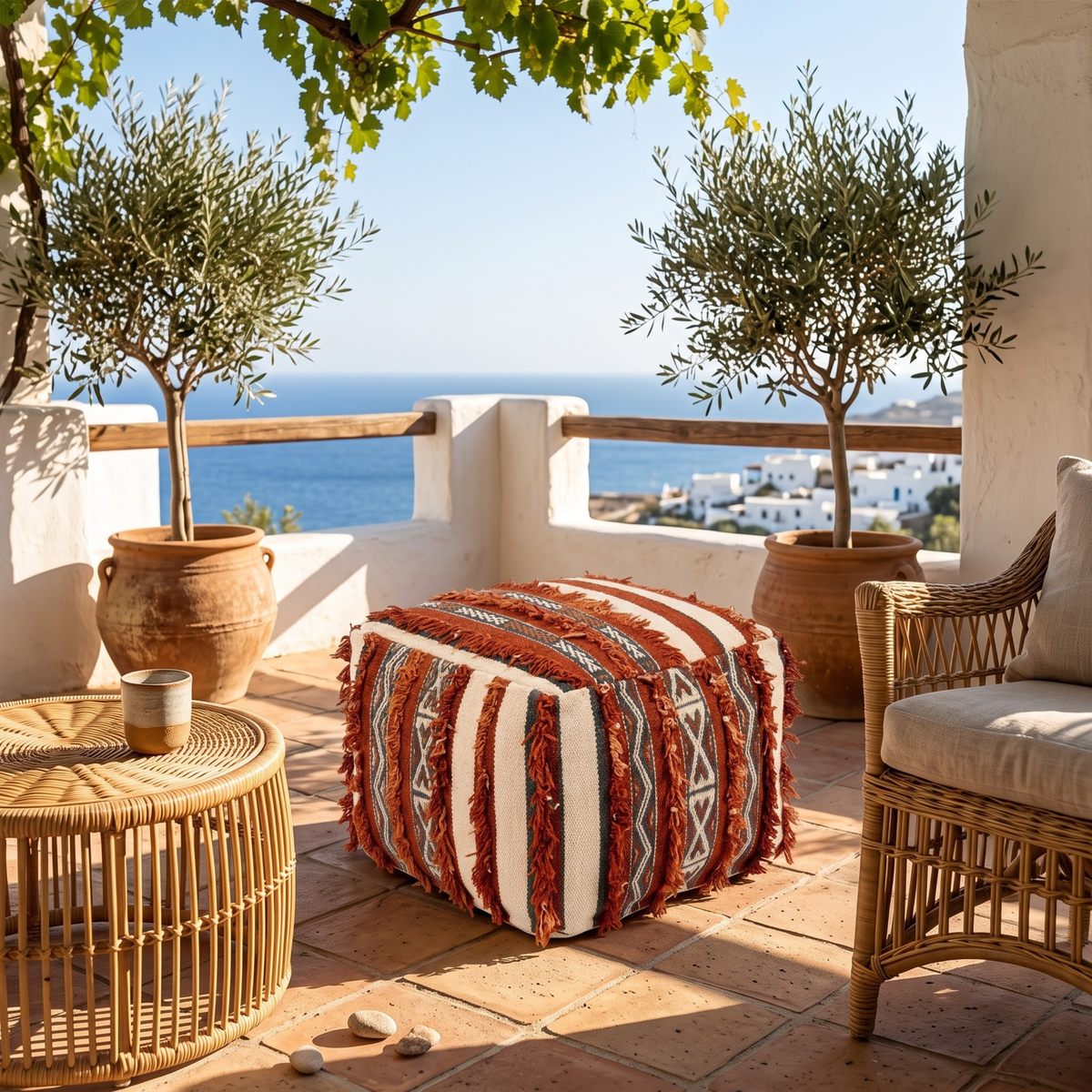 Terracotta Berber Floor Pouf with Fringe (45×45 cm) – Authentic Handmade Moroccan Boho Ottoman