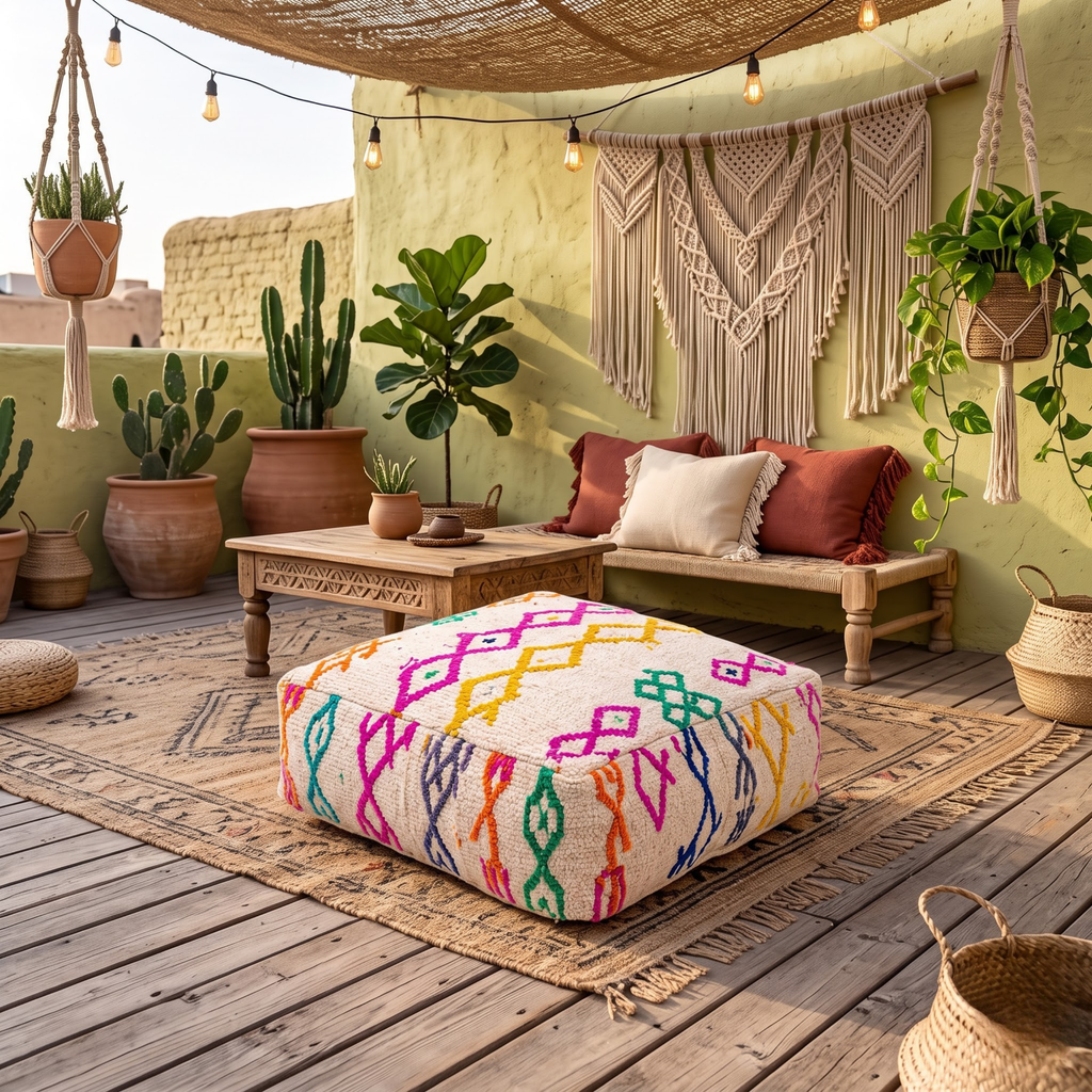 Multicolor Azilal Berber Floor Pouf 60x60x20 cm – Authentic Handmade Moroccan Off-White Wool Ottoman