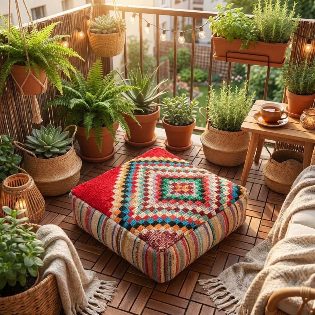 Multicolor Boujad Berber Floor Pouf 60x60x20 cm – Handmade Moroccan Square Cushion with Concentric Diamond Mosaic and Striped Sides