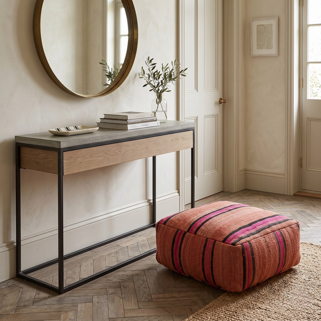 Square Kilim Berber Floor Pouf 60x60x20 cm – Handmade Moroccan Terracotta and Magenta Striped Ottoman