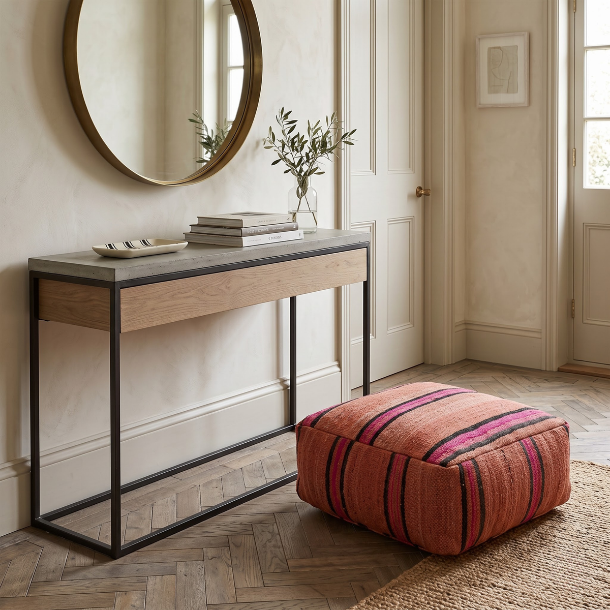 Square Kilim Berber Floor Pouf 60x60x20 cm – Handmade Moroccan Terracotta and Magenta Striped Ottoman