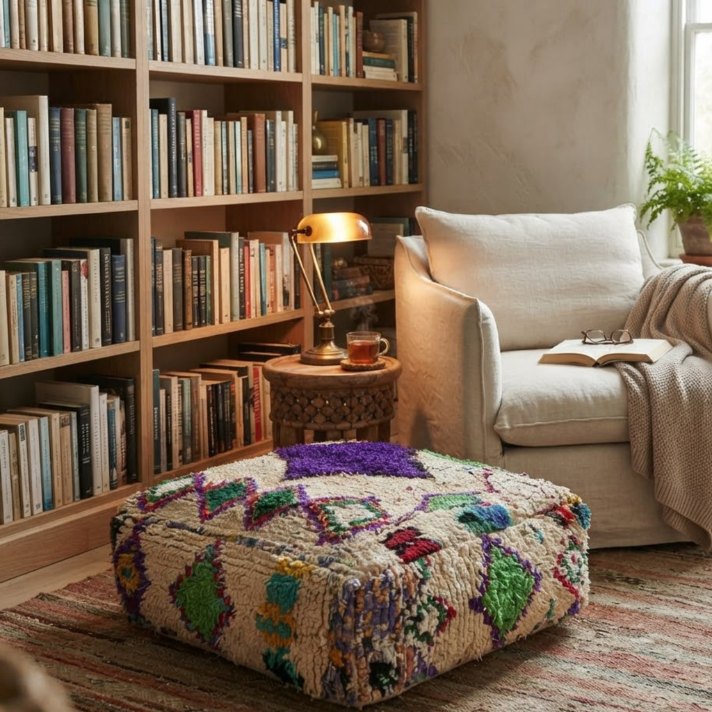 Vintage Shaggy Boujad Berber Floor Pouf 60x60x20 cm – Authentic Handmade Moroccan High-Pile Wool Cushion with Purple Diamond