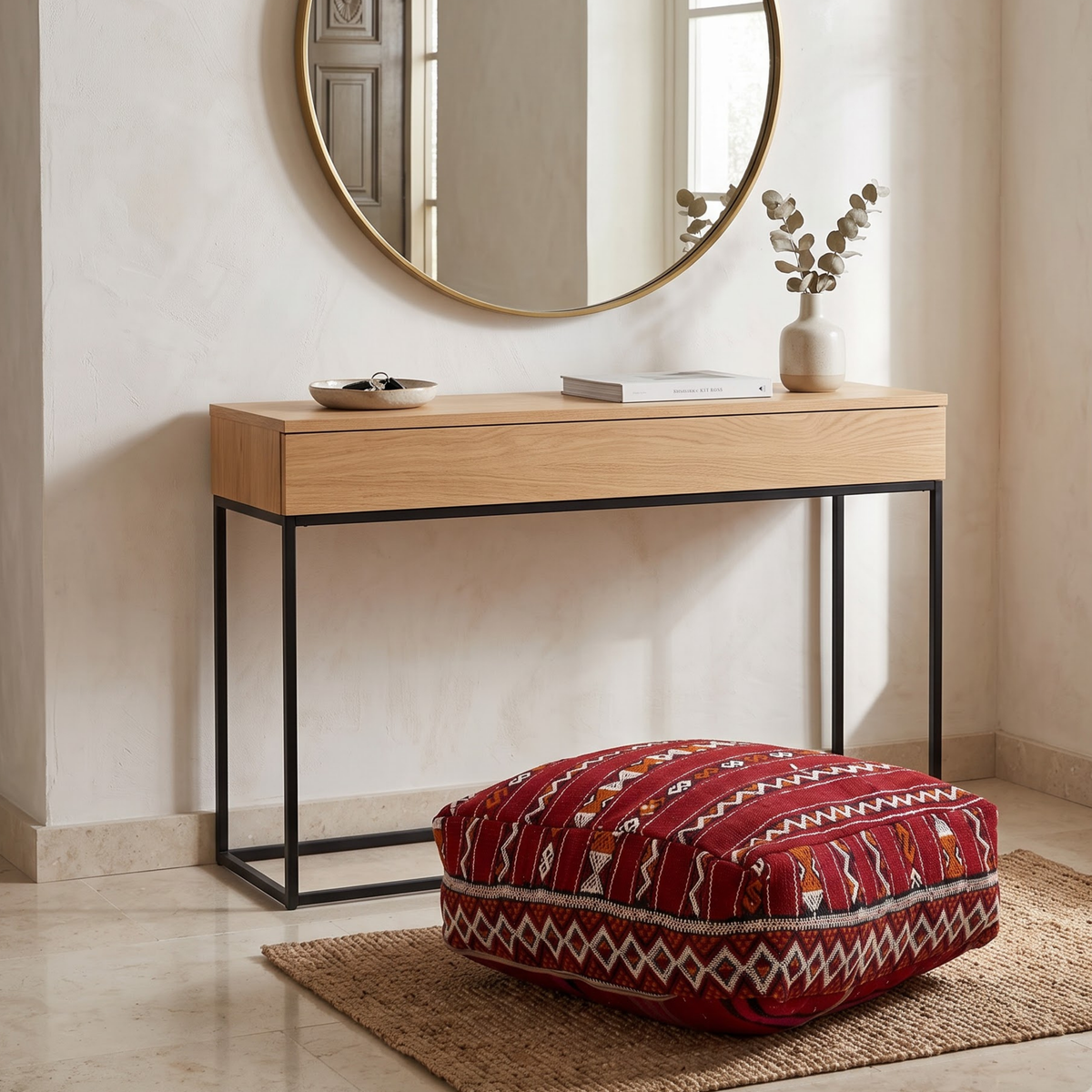 Deep Maroon Kilim Berber Floor Pouf 60x60x20 cm – Authentic Handmade Moroccan Floor Cushion with Tribal Diamond Border