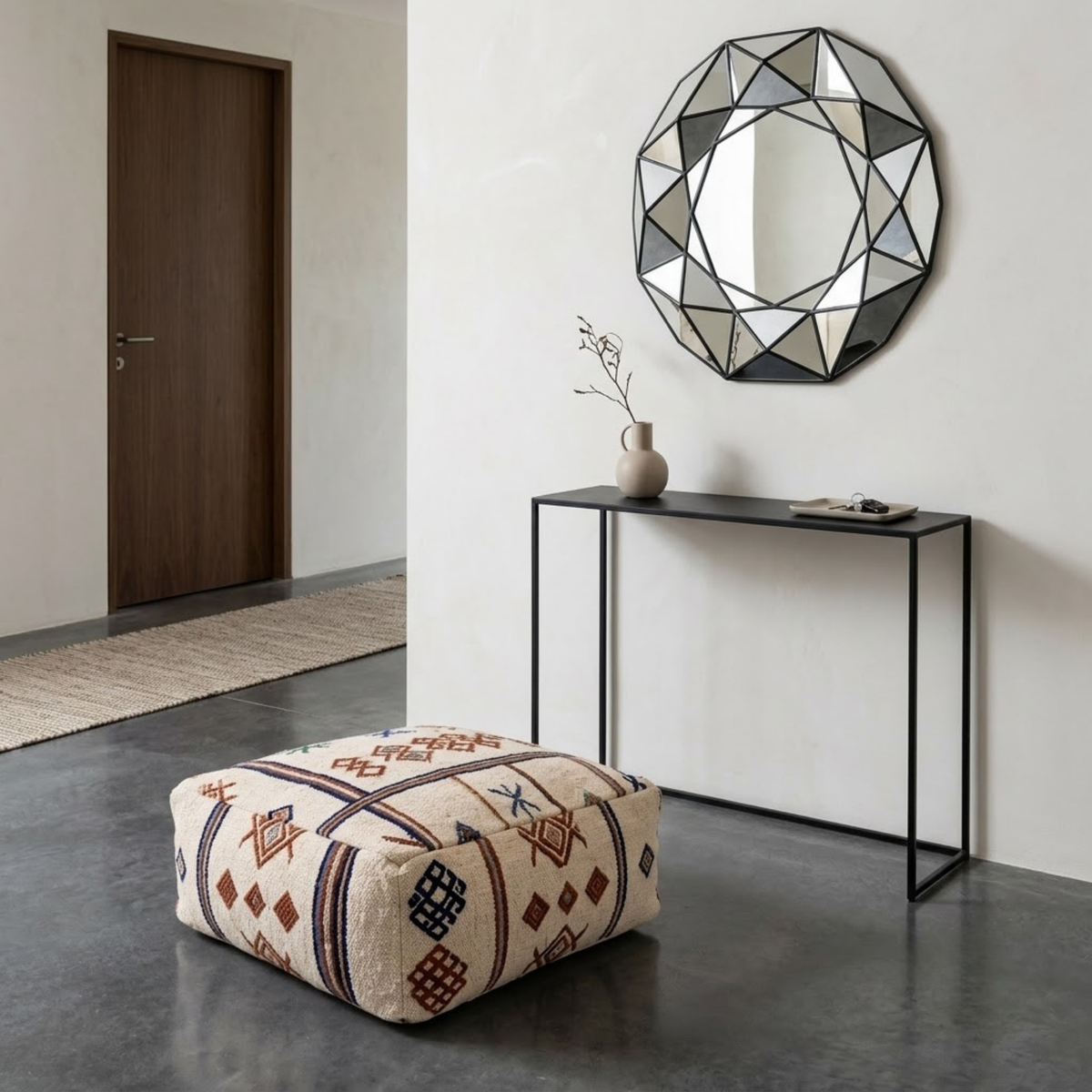 Embroidered Cream Berber Floor Pouf 60x60x20 cm – Handmade Moroccan Square Cushion with Terracotta and Indigo Amazigh Motifs