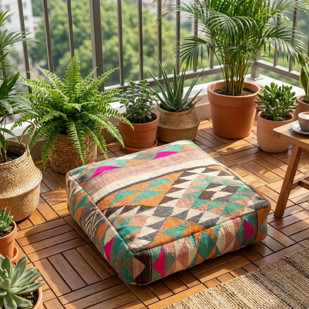 Multicolor Harlequin Kilim Berber Floor Pouf 60x60x20 cm – Authentic Handmade Moroccan Cube Cushion with Geometric Triangle Mosaic