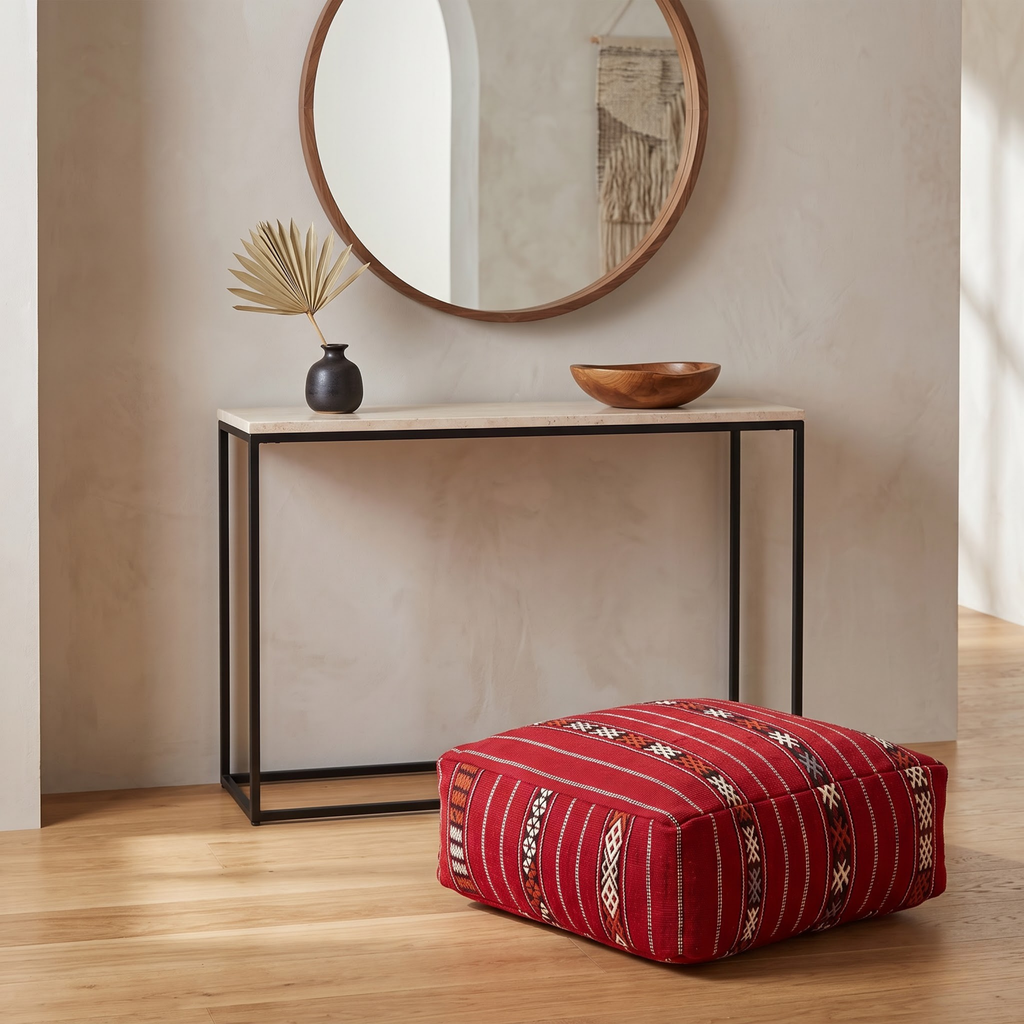 Crimson Red Kilim Berber Floor Pouf 60x60x20 cm – Handmade Moroccan Square Cushion with Tribal Geometric Motifs