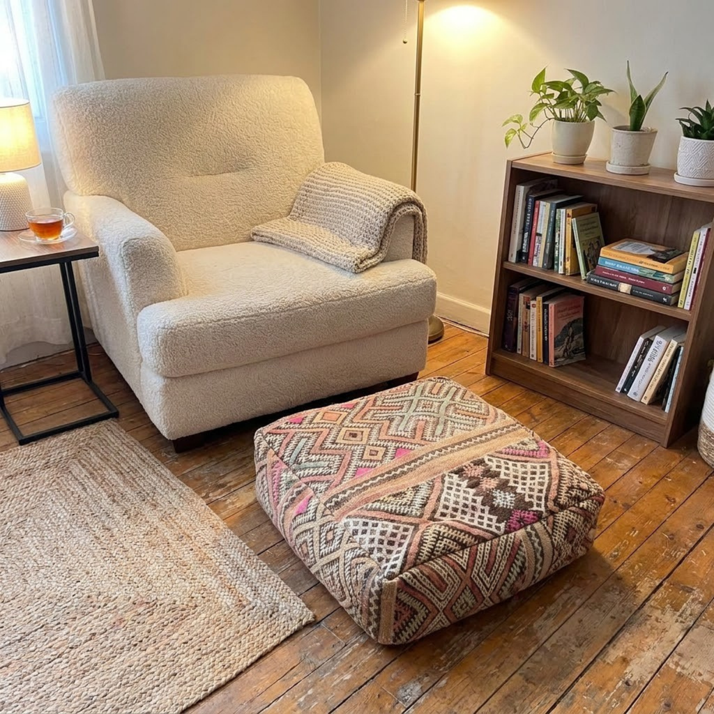 Vintage Sand Kilim Berber Floor Pouf 60x60x20 cm – Handmade Moroccan Square Cushion with Tribal Lattice Mosaic and Pastel Accents