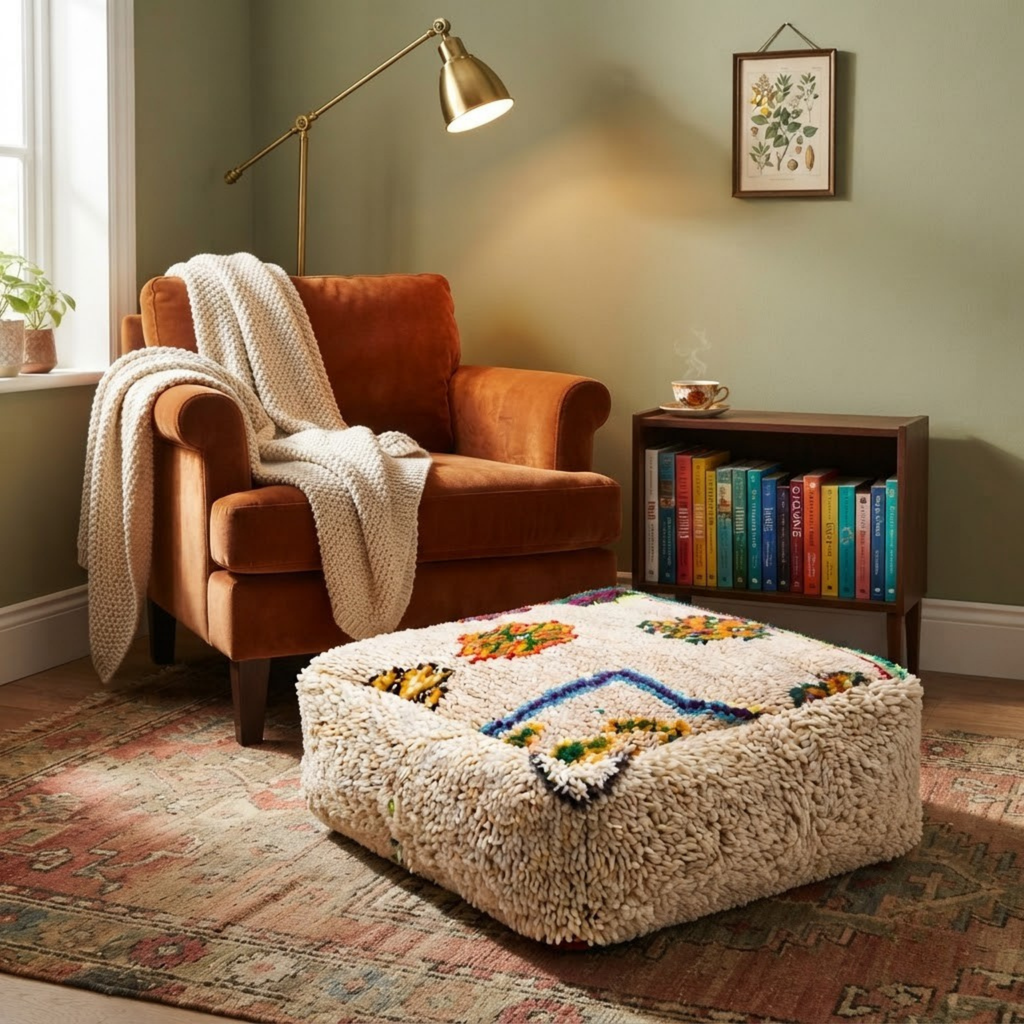 Multicolor Azilal Berber Floor Pouf 60x60x20 cm – Authentic Handmade Moroccan Cream Wool Cushion with High-Pile Shaggy Sides