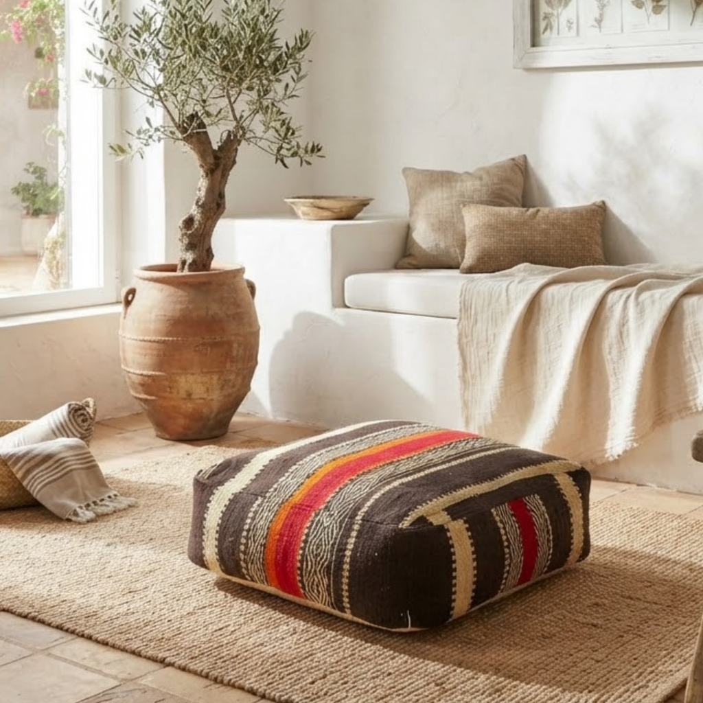 Dark Brown Kilim Berber Floor Pouf 60x60x20 cm – Handmade Moroccan Square Cushion with Cream Stripes and Warm Orange Band