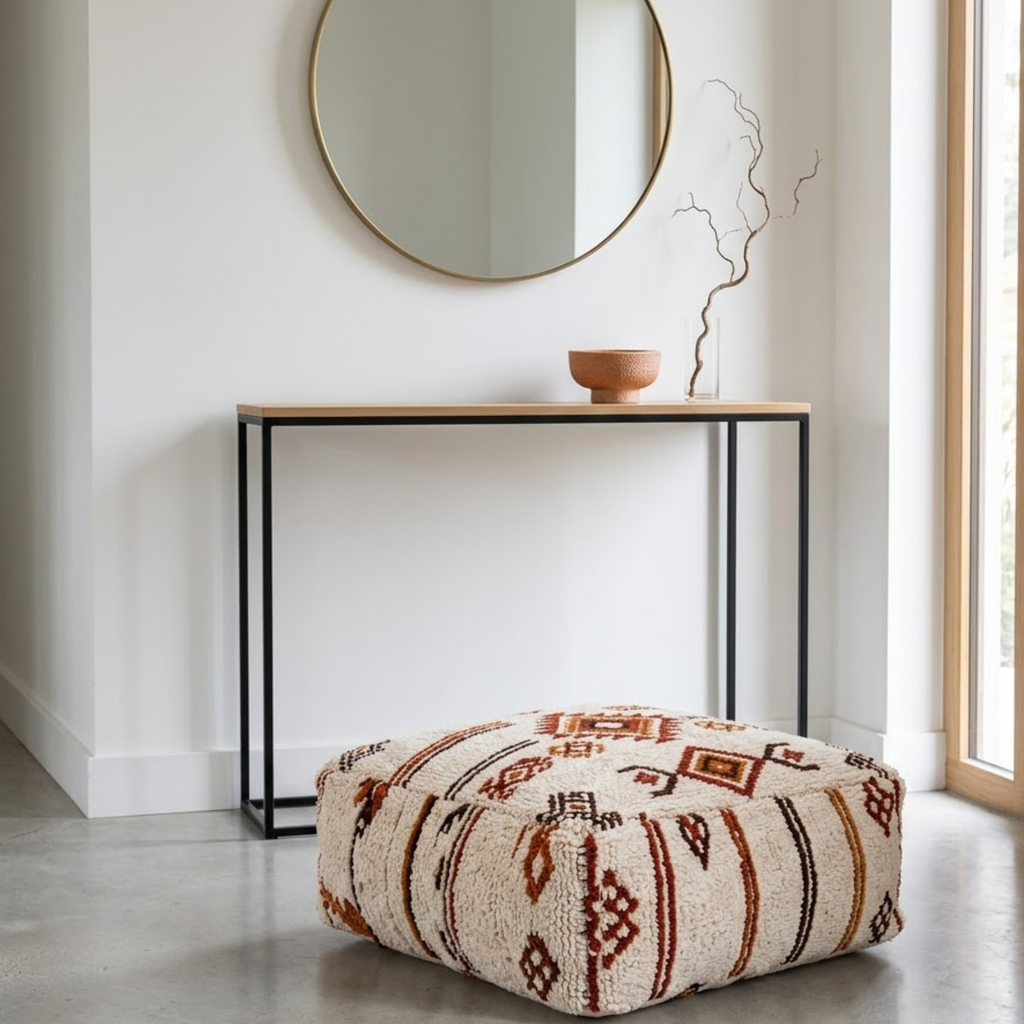 Beni Ourain Berber Floor Pouf 60x60x20 cm – Authentic Handmade Moroccan Cream Wool Cushion with Earthy Tribal Motifs