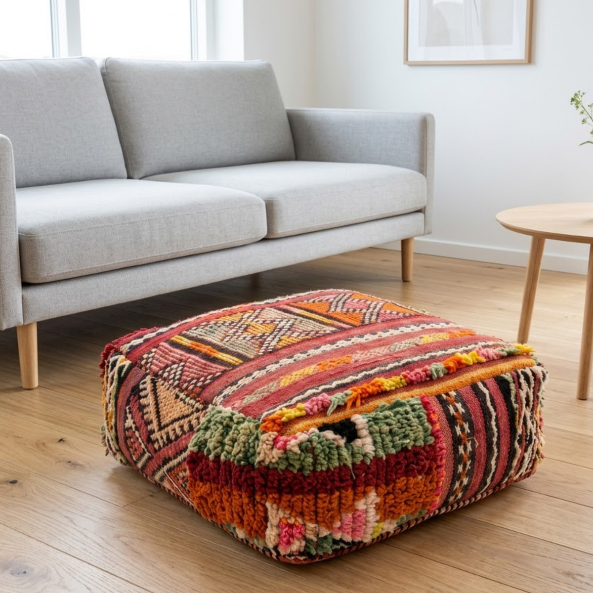 Vintage Boujad Berber Floor Pouf 60x60x20 cm – Handmade Moroccan Kilim and High-Pile Wool Square Cushion