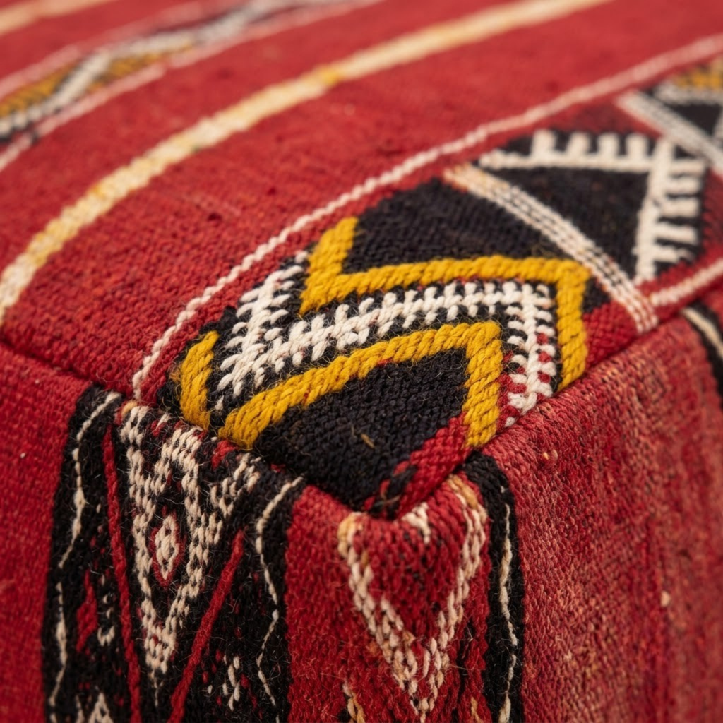 Ruby Red Kilim Berber Floor Pouf 45x45 cm – Authentic Handmade Moroccan Cube Ottoman with Tribal Geometric Bands
