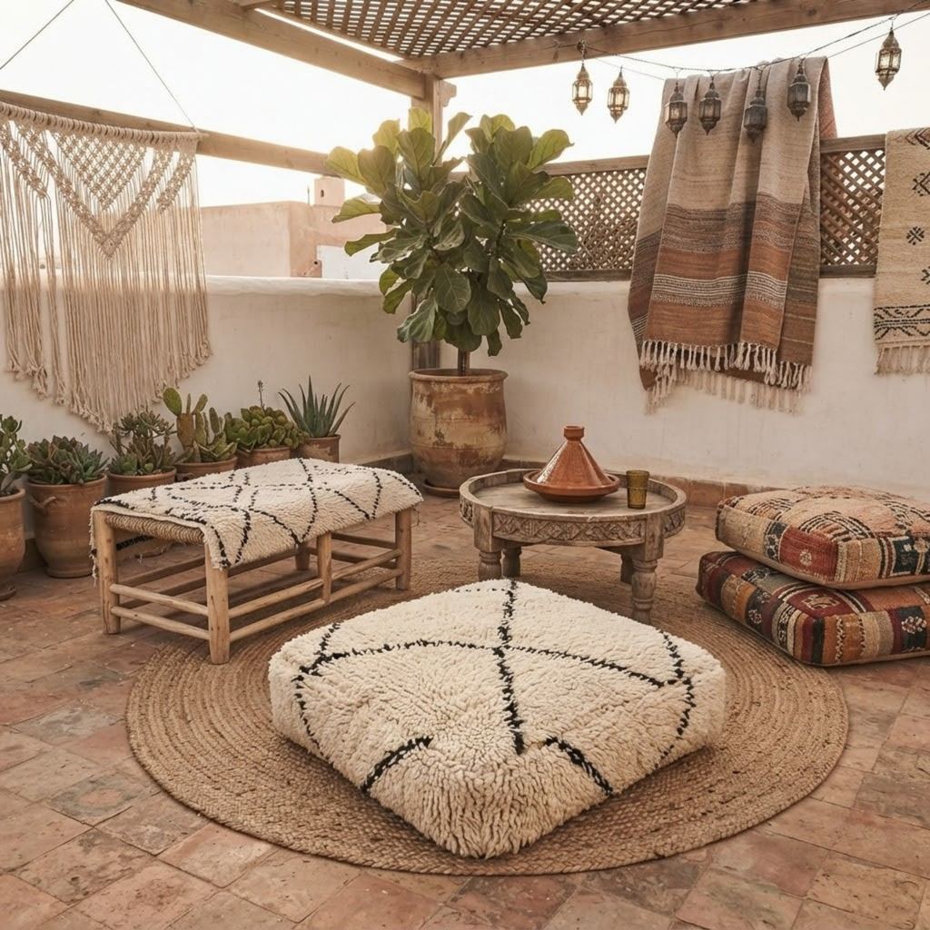 Beni Ourain Berber Floor Pouf 60x60x20 cm – Authentic Handmade Moroccan Shaggy Wool Cushion in Cream and Charcoal Black