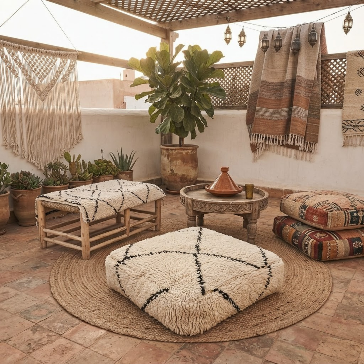 Beni Ourain Berber Floor Pouf 60x60x20 cm – Authentic Handmade Moroccan Shaggy Wool Cushion in Cream and Charcoal Black