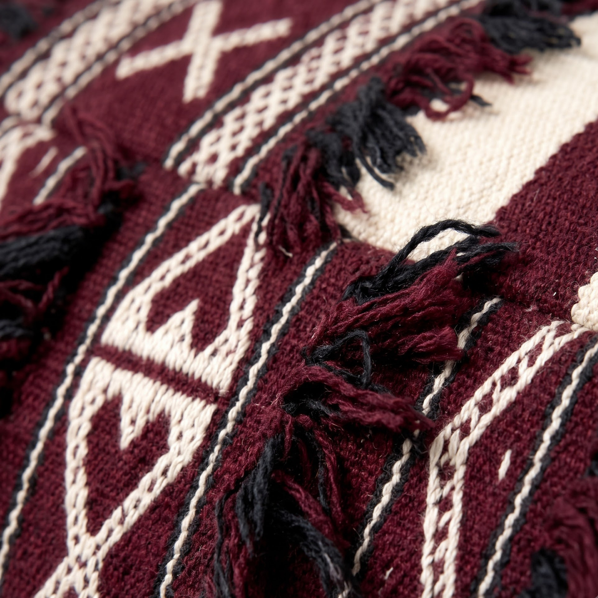 Burgundy and Cream Berber Floor Pouf with Black Fringe 45x45 cm – Authentic Handmade Moroccan Cube Ottoman