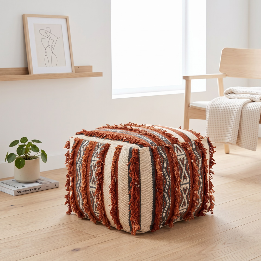 Terracotta Berber Floor Pouf with Fringe (45×45 cm) – Authentic Handmade Moroccan Boho Ottoman