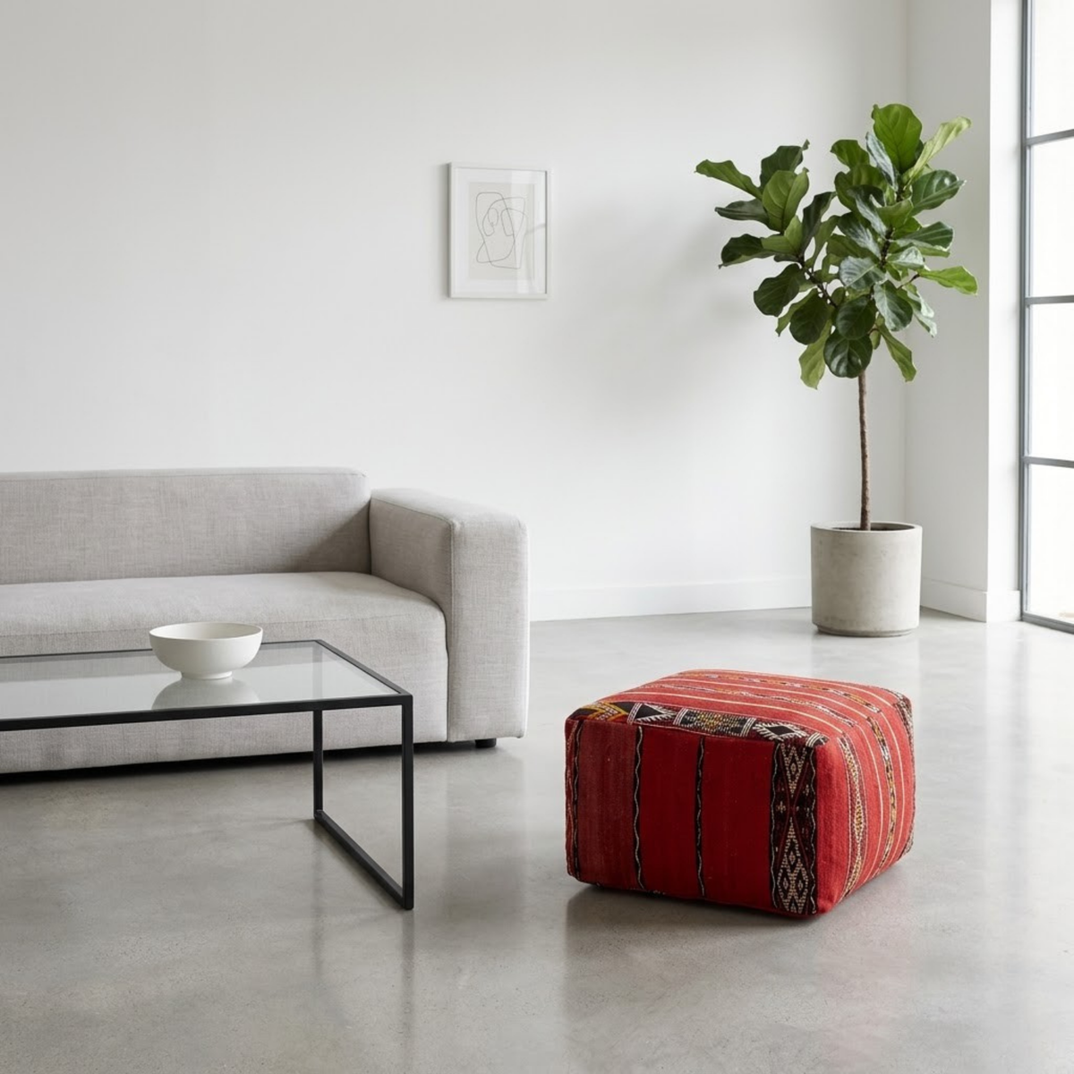 Ruby Red Kilim Berber Floor Pouf 45x45 cm – Authentic Handmade Moroccan Cube Ottoman with Tribal Geometric Bands