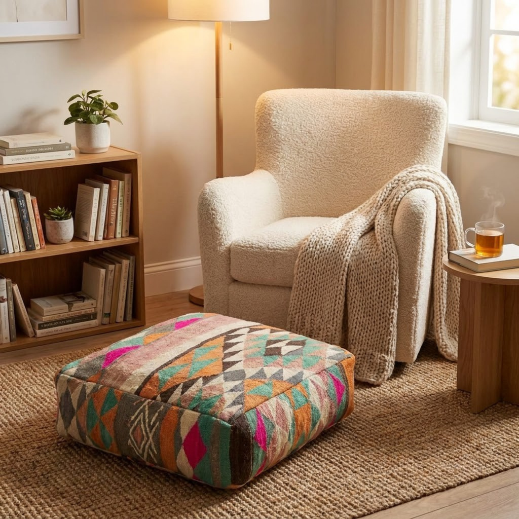 Multicolor Harlequin Kilim Berber Floor Pouf 60x60x20 cm – Authentic Handmade Moroccan Cube Cushion with Geometric Triangle Mosaic