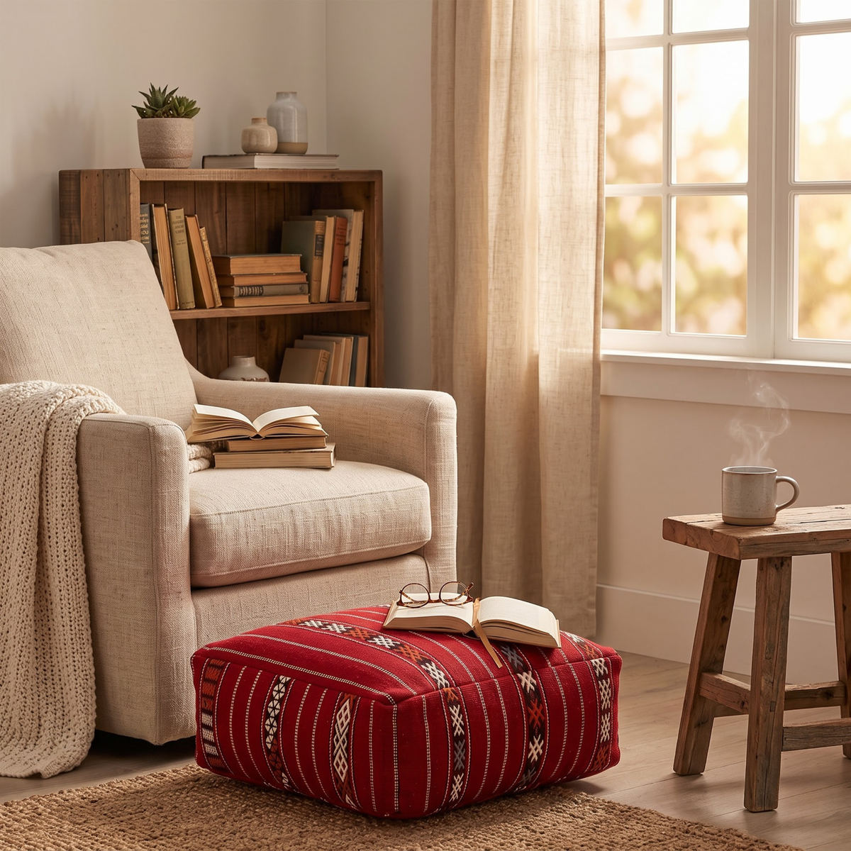 Crimson Red Kilim Berber Floor Pouf 60x60x20 cm – Handmade Moroccan Square Cushion with Tribal Geometric Motifs