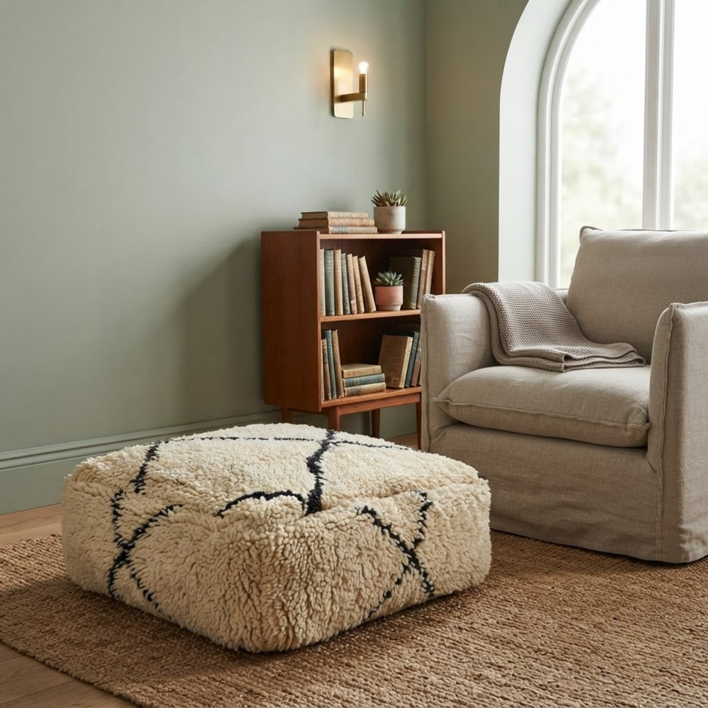 Beni Ourain Berber Floor Pouf 60x60x20 cm – Authentic Handmade Moroccan Shaggy Wool Cushion in Cream and Charcoal Black