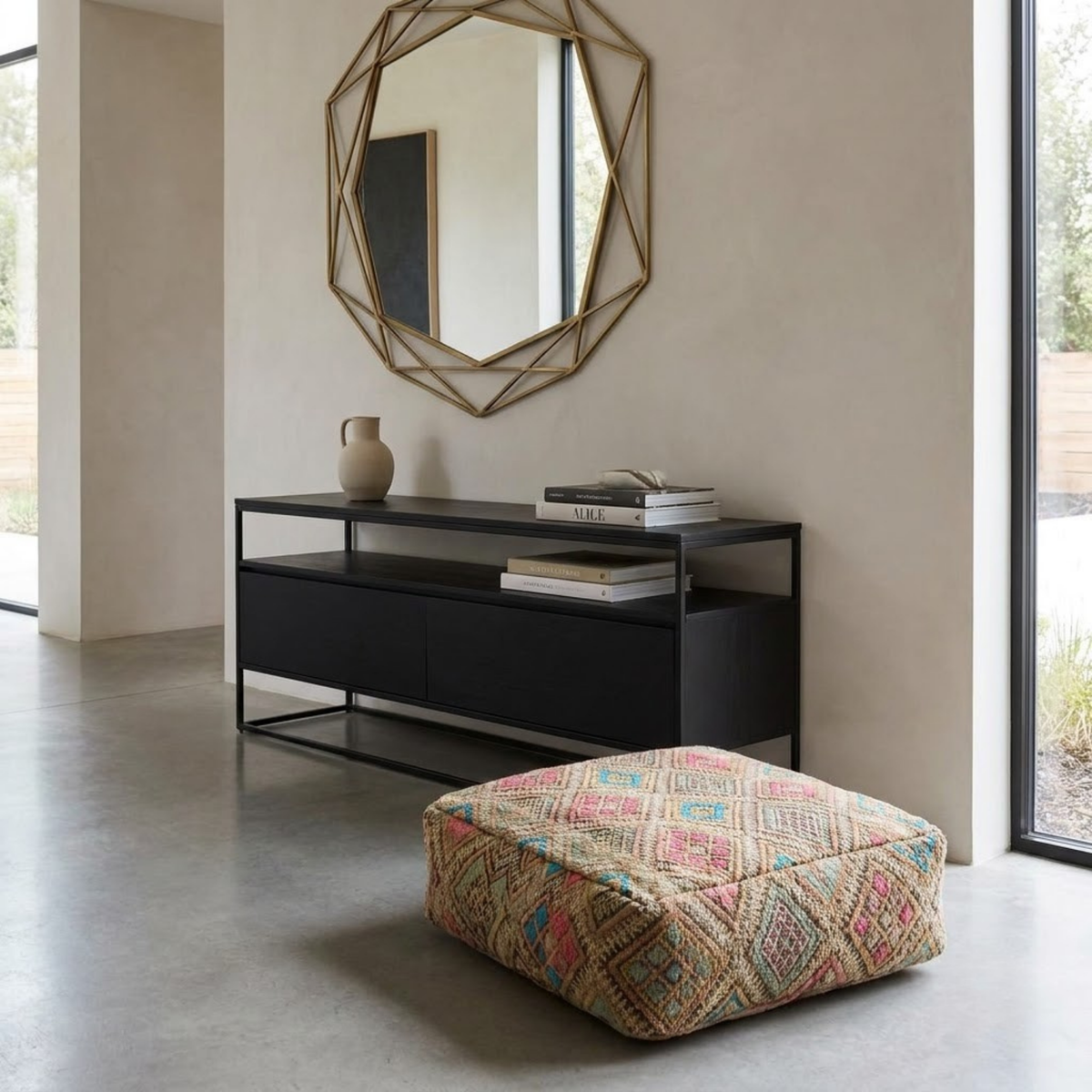 Vintage Geometric Kilim Berber Floor Pouf 60x60x20 cm – Handmade Moroccan Square Cushion with Pastel Diamond Grid