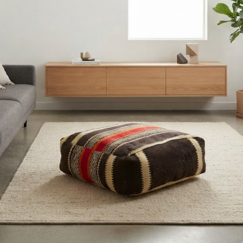 Dark Brown Kilim Berber Floor Pouf 60x60x20 cm – Handmade Moroccan Square Cushion with Cream Stripes and Warm Orange Band