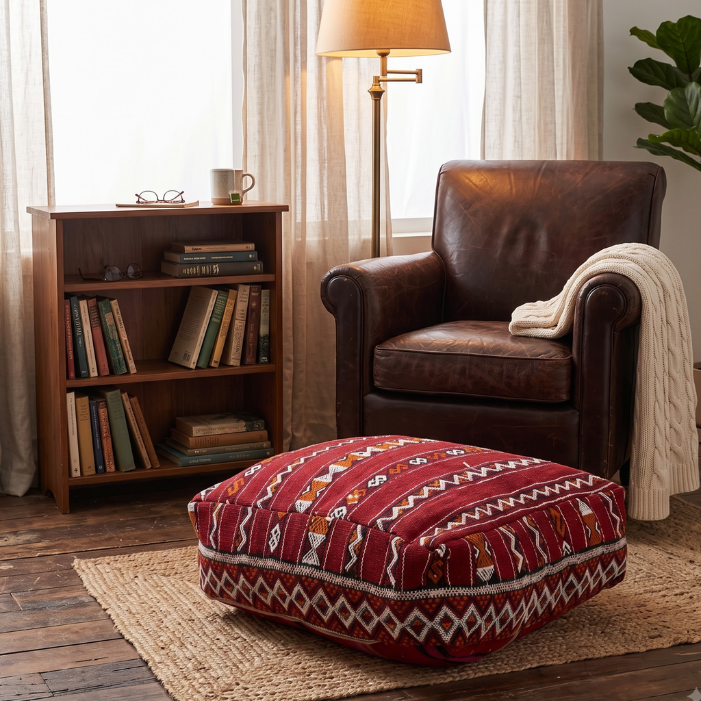Deep Maroon Kilim Berber Floor Pouf 60x60x20 cm – Authentic Handmade Moroccan Floor Cushion with Tribal Diamond Border