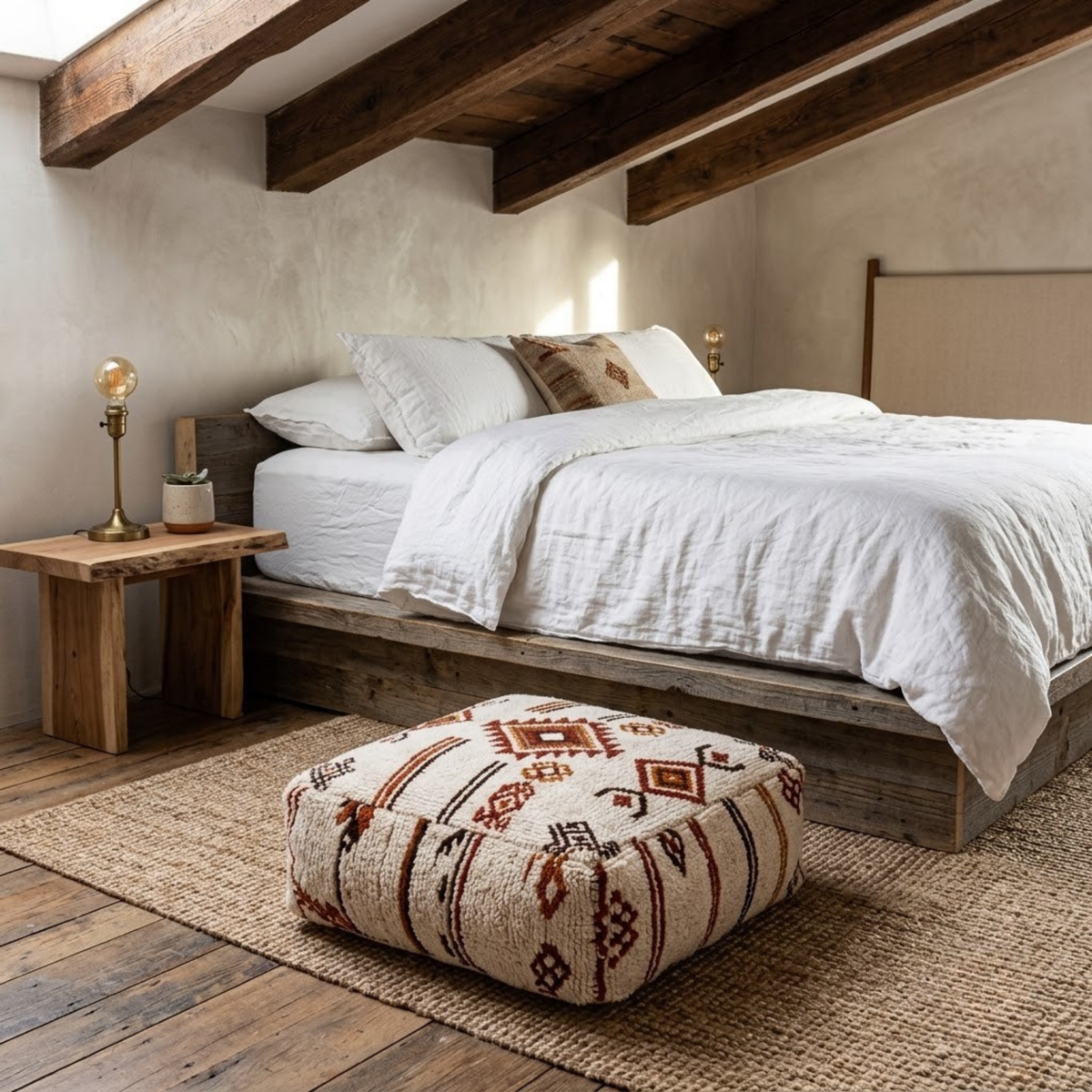 Beni Ourain Berber Floor Pouf 60x60x20 cm – Authentic Handmade Moroccan Cream Wool Cushion with Earthy Tribal Motifs