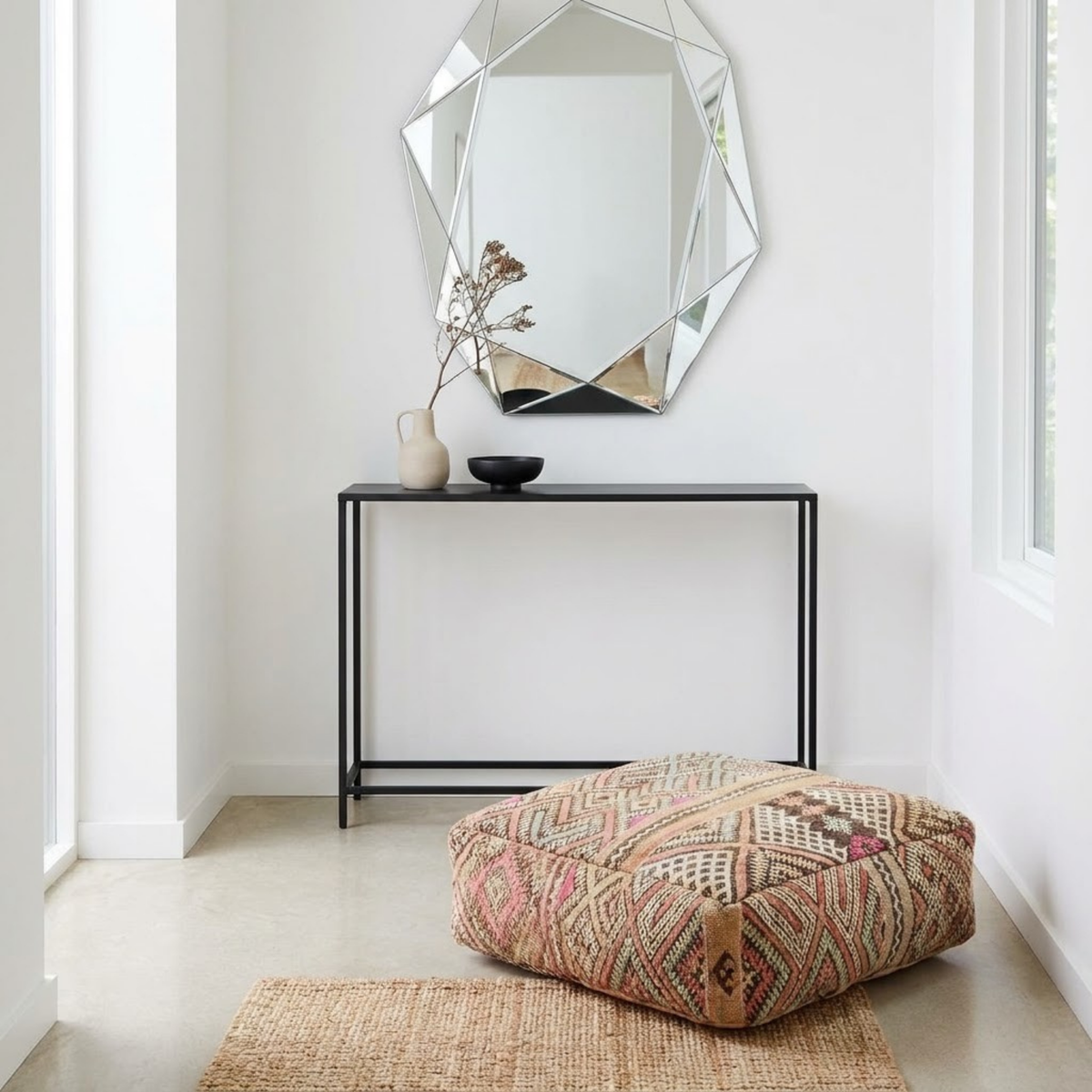 Vintage Sand Kilim Berber Floor Pouf 60x60x20 cm – Handmade Moroccan Square Cushion with Tribal Lattice Mosaic and Pastel Accents