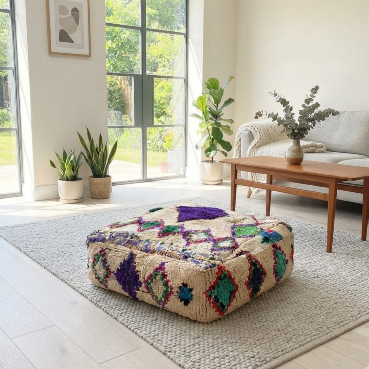 Vintage Shaggy Boujad Berber Floor Pouf 60x60x20 cm – Authentic Handmade Moroccan High-Pile Wool Cushion with Purple Diamond