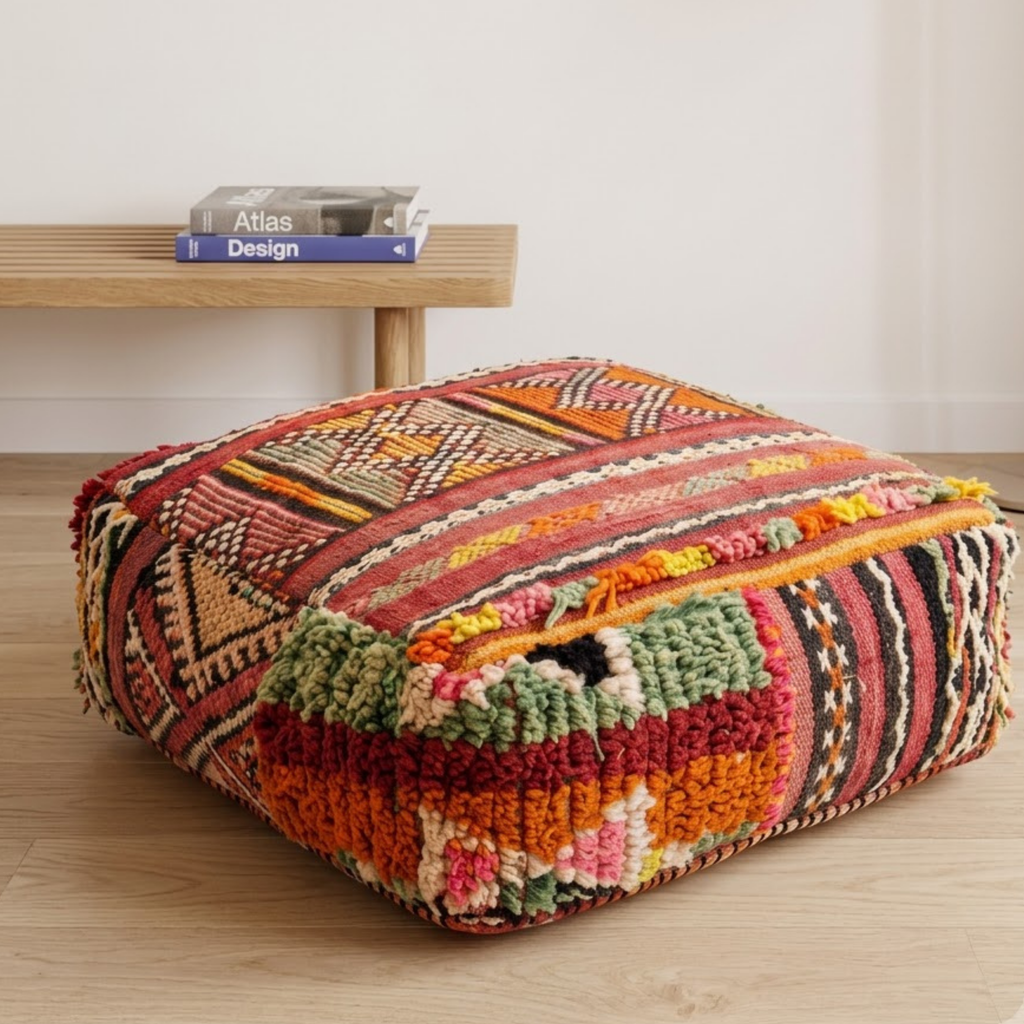 Vintage Boujad Berber Floor Pouf 60x60x20 cm – Handmade Moroccan Kilim and High-Pile Wool Square Cushion