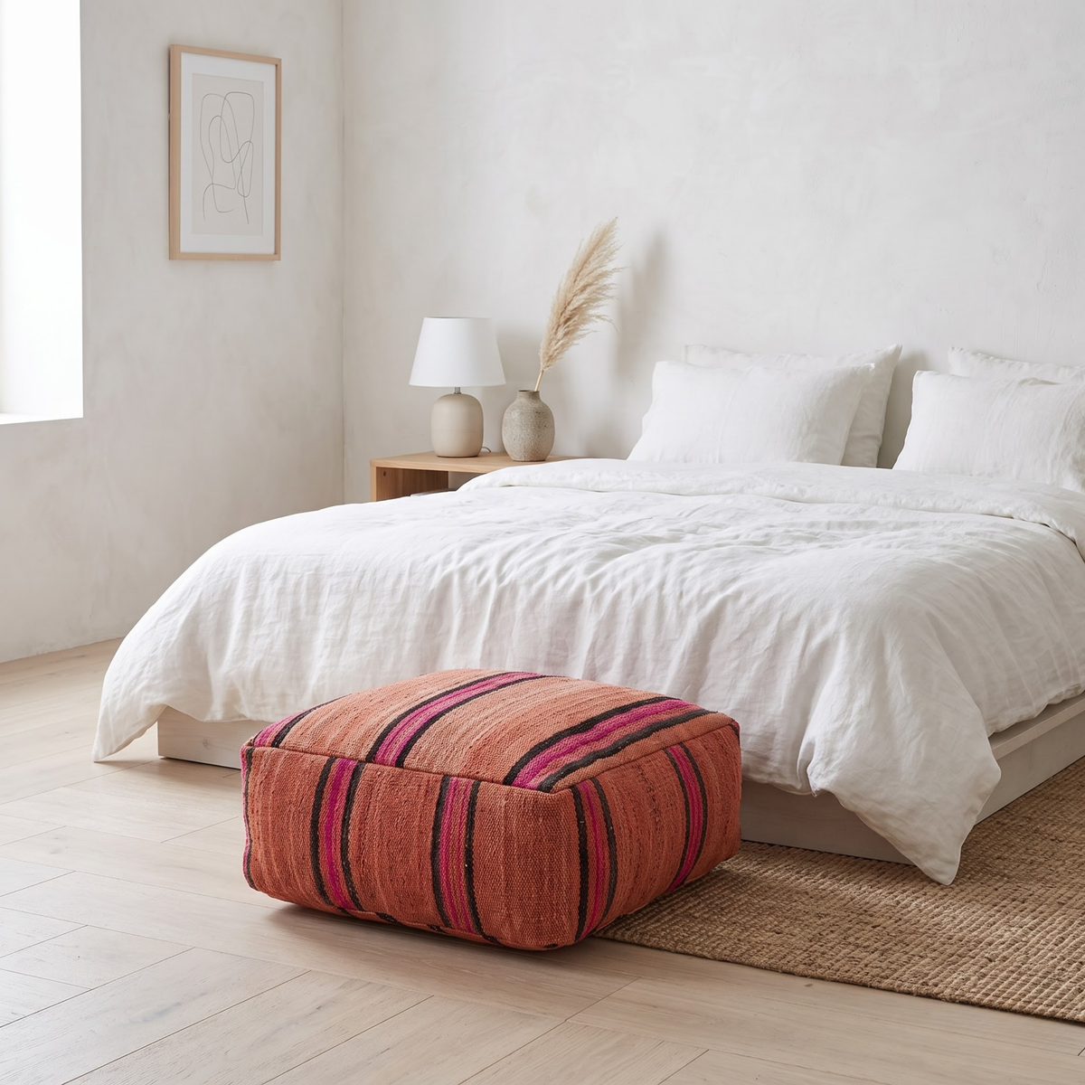 Square Kilim Berber Floor Pouf 60x60x20 cm – Handmade Moroccan Terracotta and Magenta Striped Ottoman