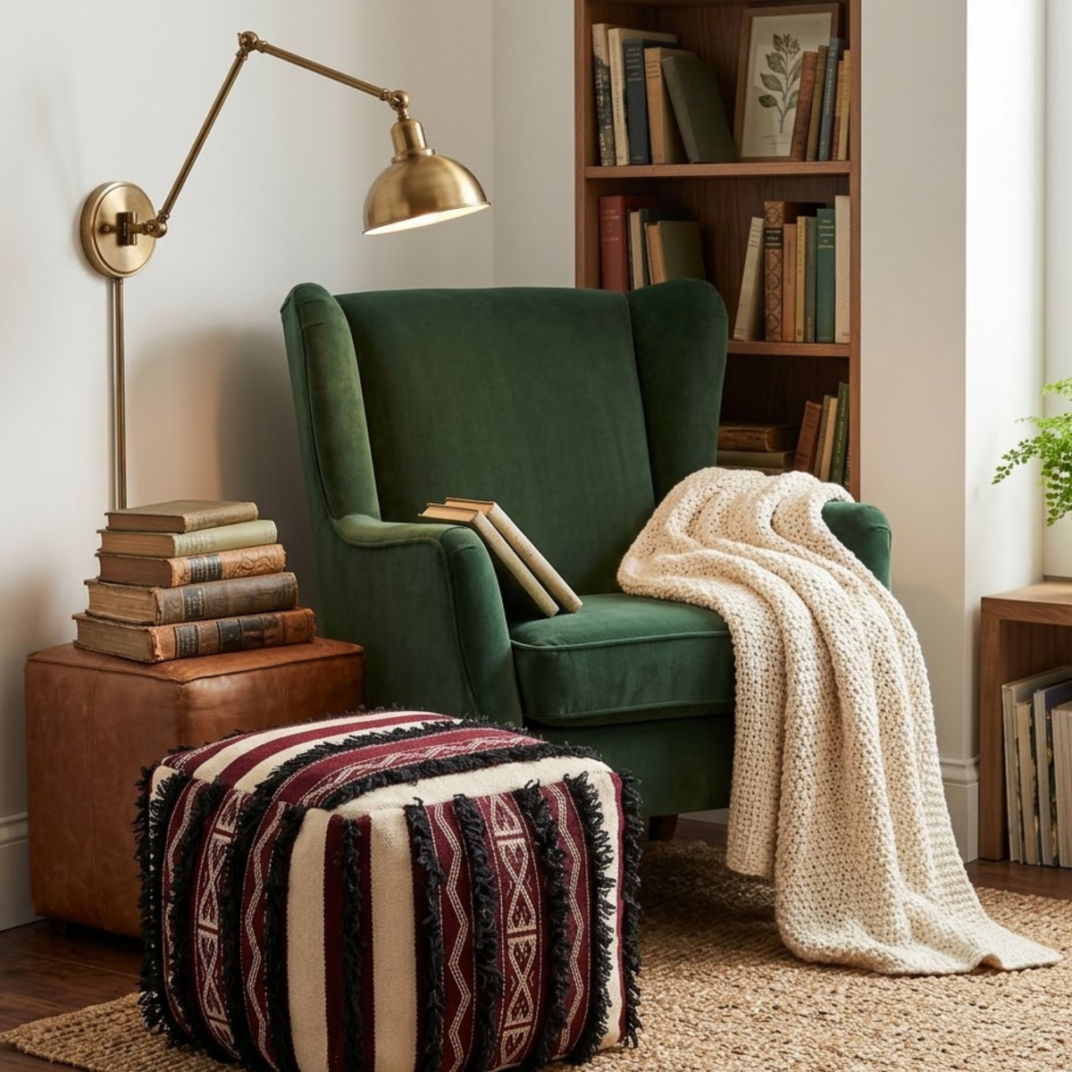 Burgundy and Cream Berber Floor Pouf with Black Fringe 45x45 cm – Authentic Handmade Moroccan Cube Ottoman