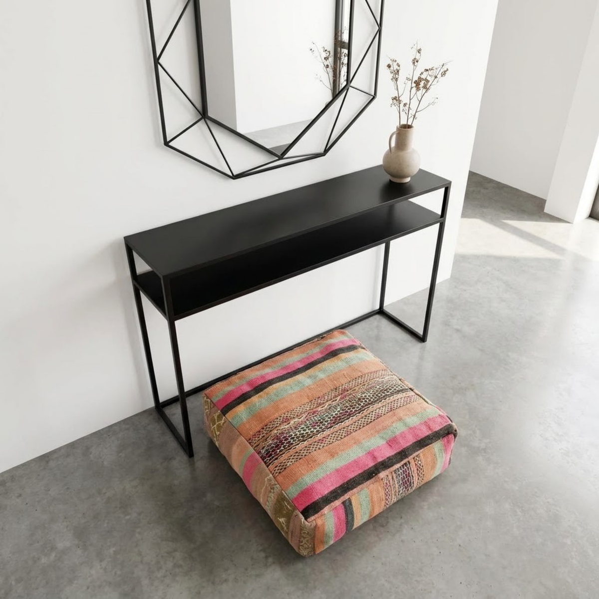 Pastel Sunset Kilim Berber Floor Pouf 60x60x20 cm – Handmade Moroccan Square Cushion with Pink, Mint, and Peach Stripes