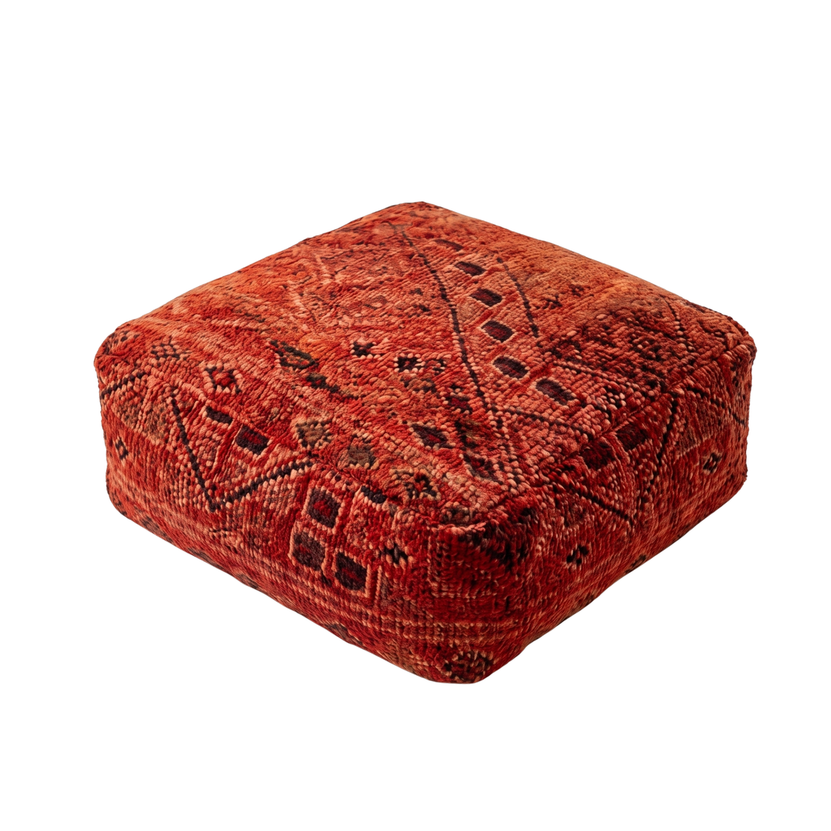 Vintage Rust Terracotta Boujad Berber Floor Pouf 60x60x20 cm – Authentic Handmade Moroccan Wool Floor Cushion