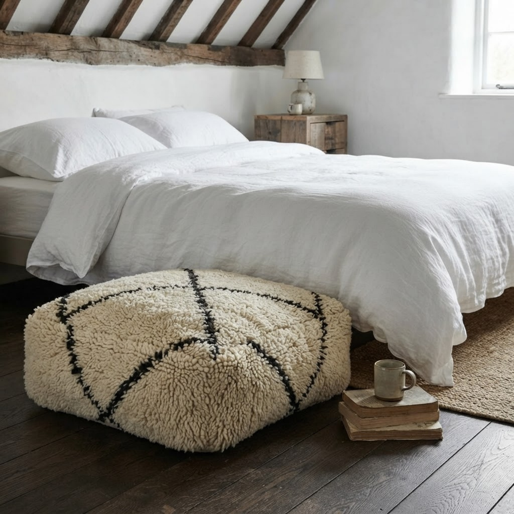 Beni Ourain Berber Floor Pouf 60x60x20 cm – Authentic Handmade Moroccan Shaggy Wool Cushion in Cream and Charcoal Black