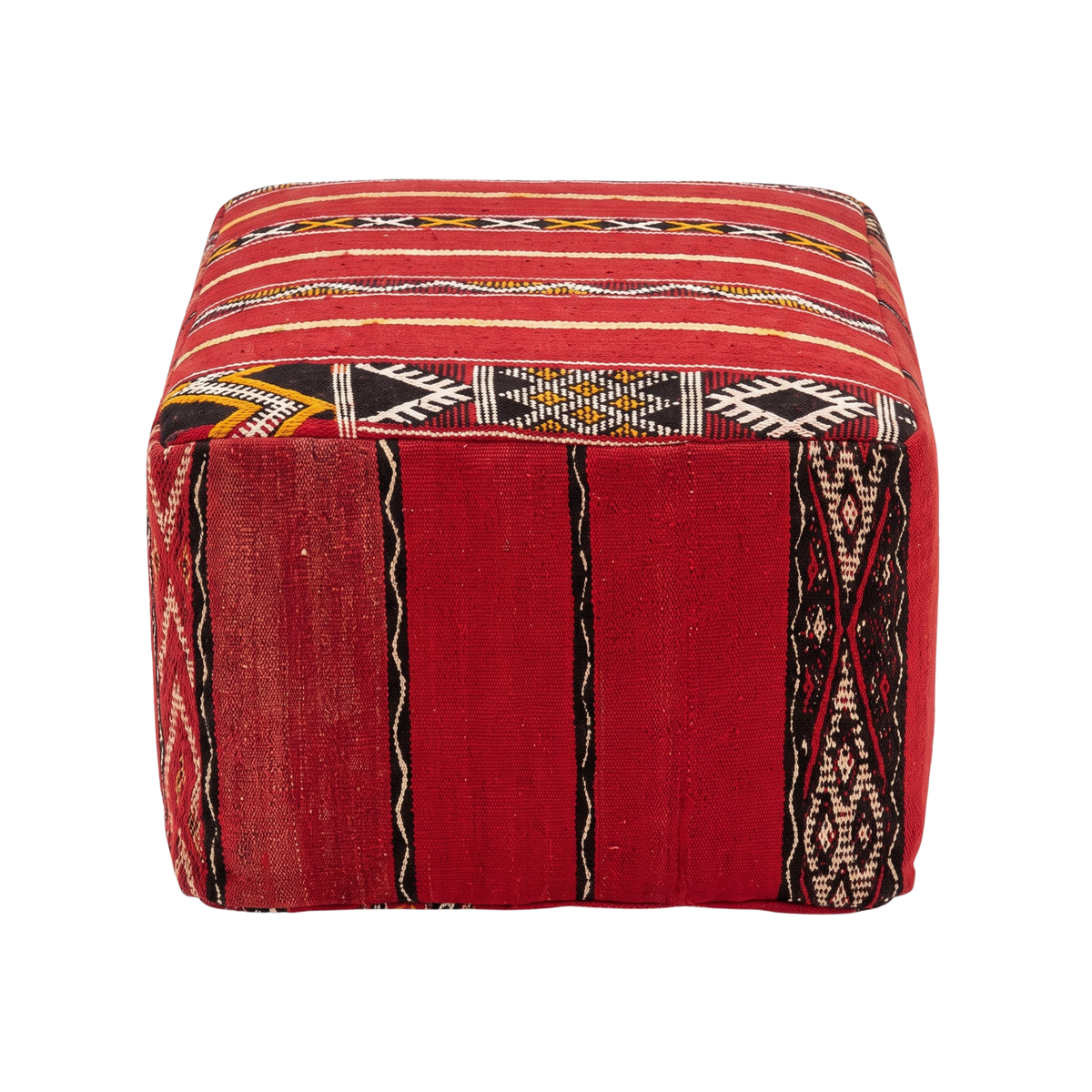 Ruby Red Kilim Berber Floor Pouf 45x45 cm – Authentic Handmade Moroccan Cube Ottoman with Tribal Geometric Bands