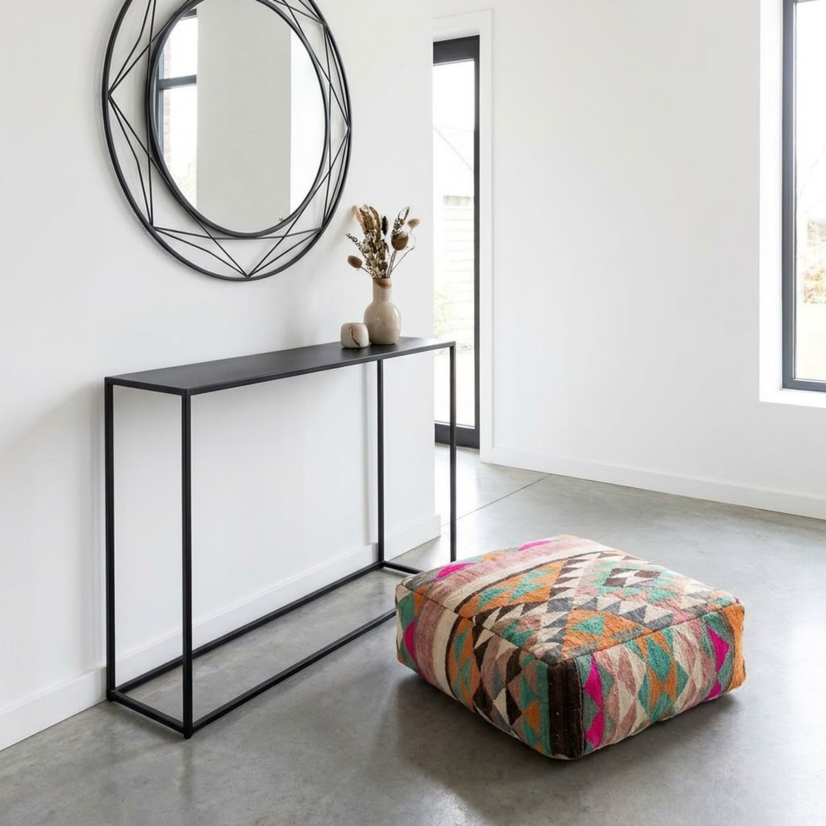 Multicolor Harlequin Kilim Berber Floor Pouf 60x60x20 cm – Authentic Handmade Moroccan Cube Cushion with Geometric Triangle Mosaic