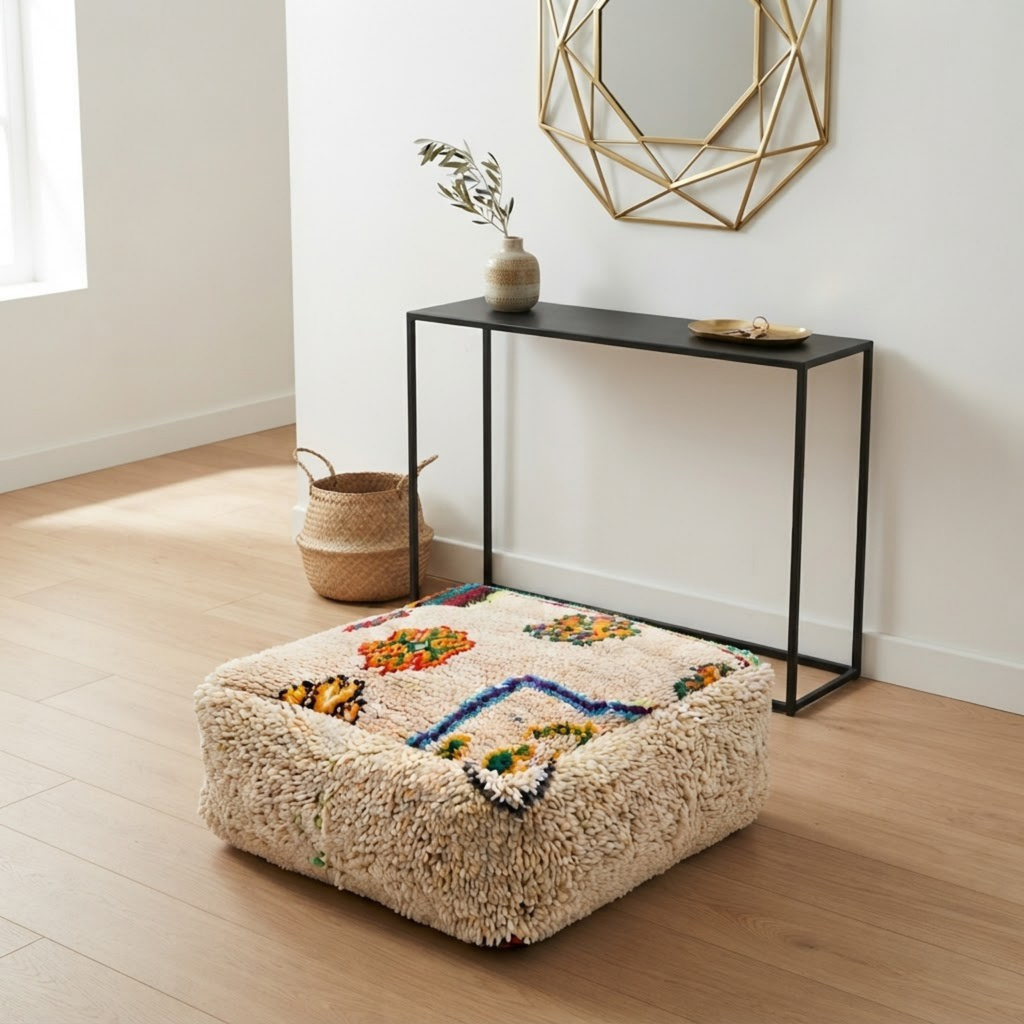 Multicolor Azilal Berber Floor Pouf 60x60x20 cm – Authentic Handmade Moroccan Cream Wool Cushion with High-Pile Shaggy Sides