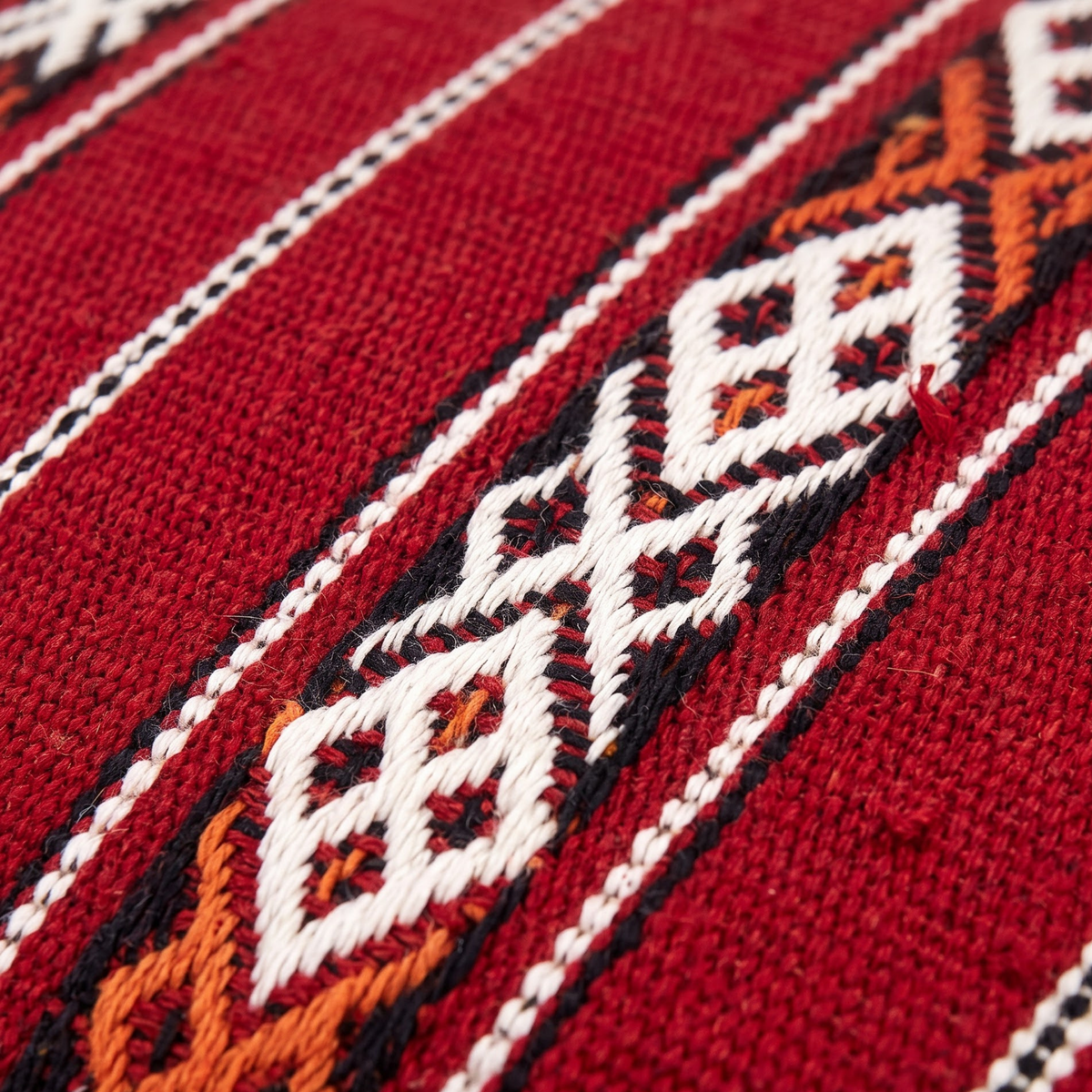 Crimson Red Kilim Berber Floor Pouf 60x60x20 cm – Handmade Moroccan Square Cushion with Tribal Geometric Motifs