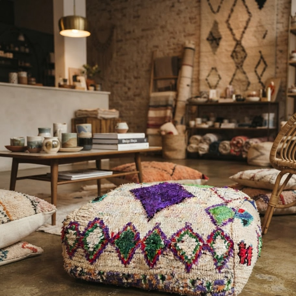 Vintage Shaggy Boujad Berber Floor Pouf 60x60x20 cm – Authentic Handmade Moroccan High-Pile Wool Cushion with Purple Diamond
